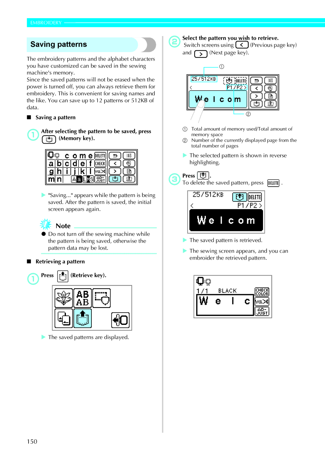 Brother 885-V32 appendix Switch screens using Previous page key, Selected pattern is shown in reverse highlighting, CPress 