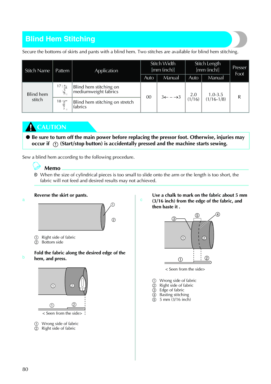 Brother 885-V32 appendix Blind Hem Stitching, Blind hem stitching on, Sew a blind hem according to the following procedure 