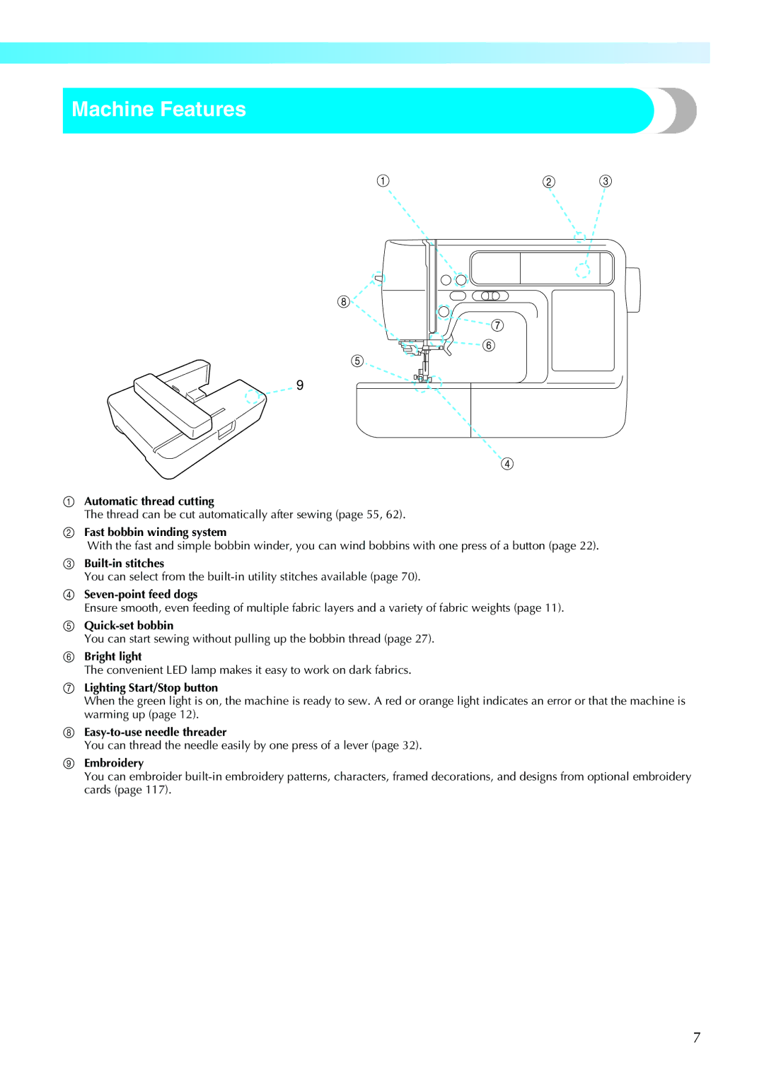 Brother 885-V32 appendix Machine Features, Lighting Start/Stop button 