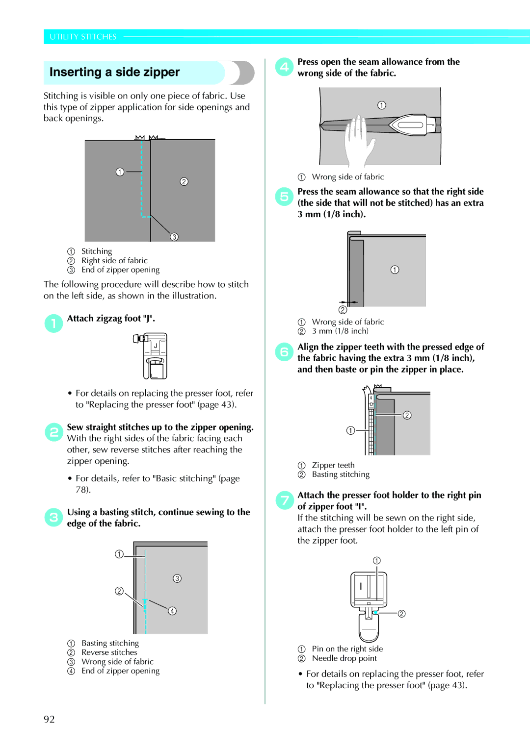 Brother 885-V32 appendix Inserting a side zipper, Wrong side of fabric Mm 1/8 inch 