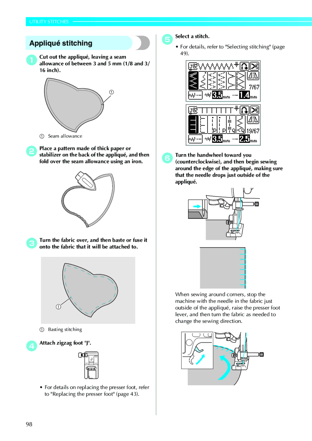 Brother 885-V33, 885-V31 operation manual Appliqué stitching, DAttach zigzag foot J ESelect a stitch 