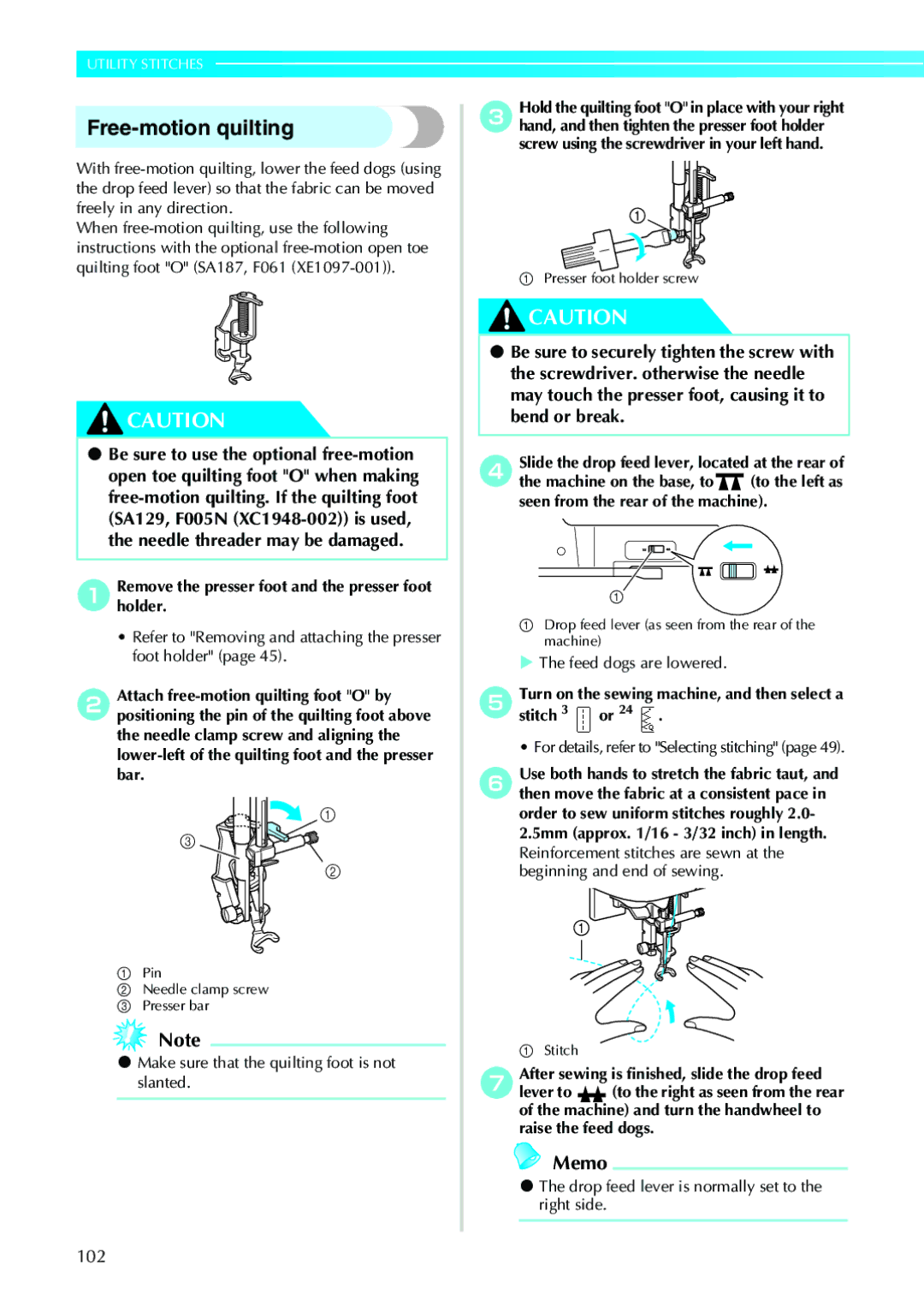 Brother 885-V33, 885-V31 operation manual Free-motion quilting, Refer to Removing and attaching the presser foot holder 