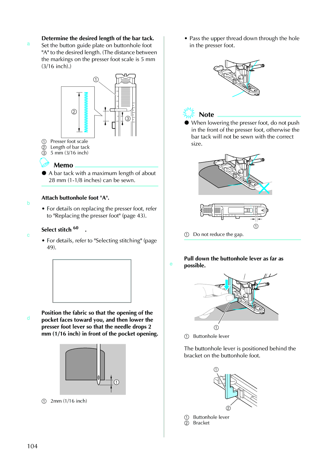 Brother 885-V33, 885-V31 operation manual BAttach buttonhole foot a, EPullpossible.down the buttonhole lever as far as 