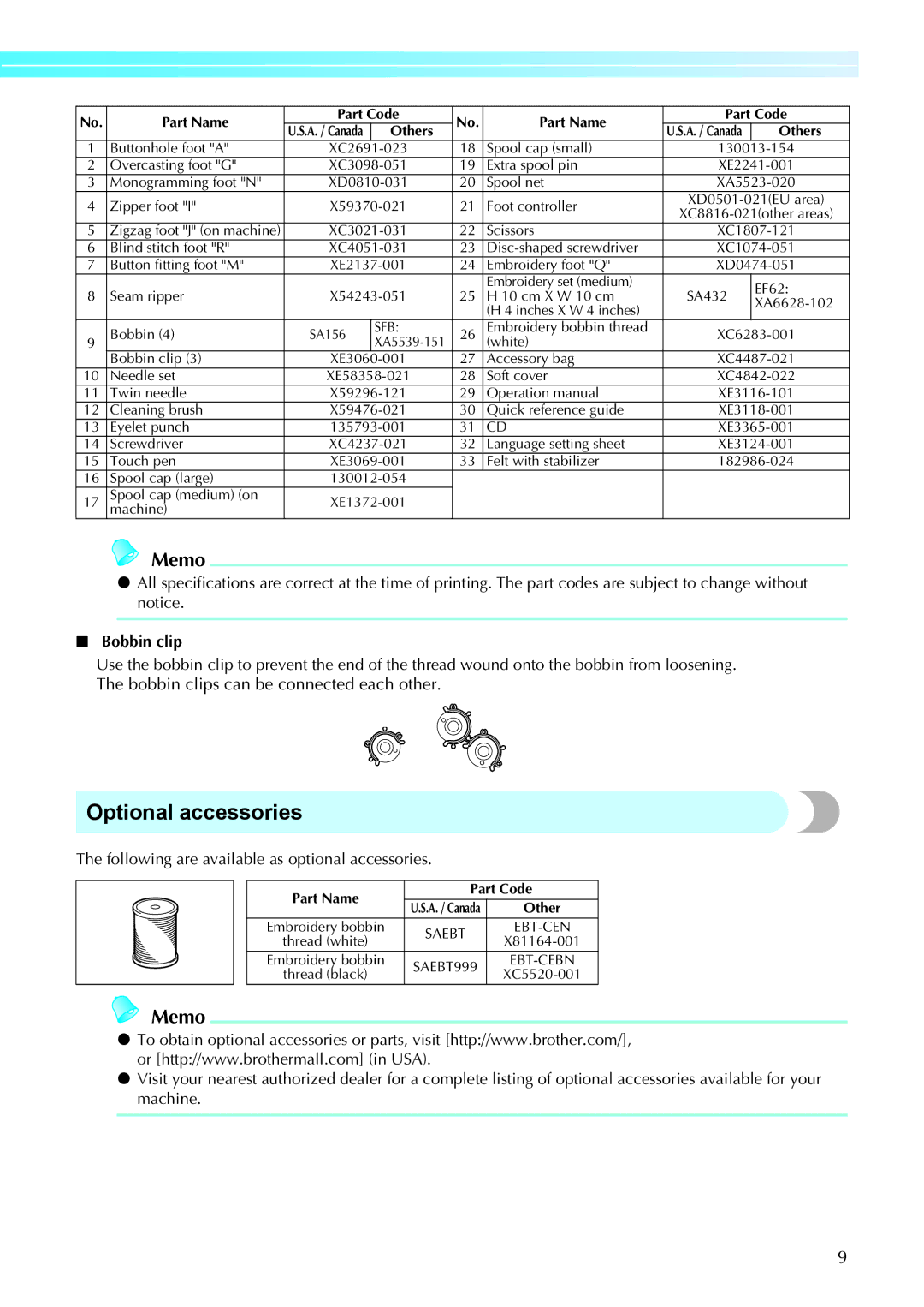 Brother 885-V31, 885-V33 operation manual Bobbin clip, Following are available as optional accessories 