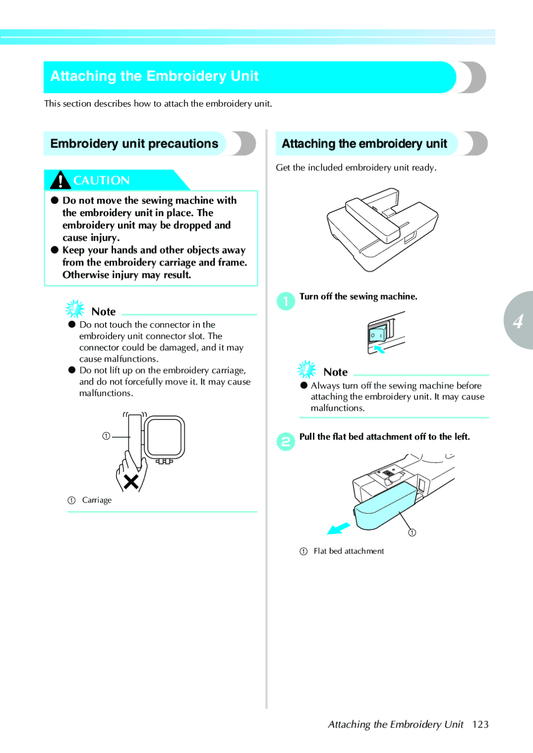 Brother 885-V31, 885-V33 Attaching the Embroidery Unit, Embroidery unit precautions, Attaching the embroidery unit 