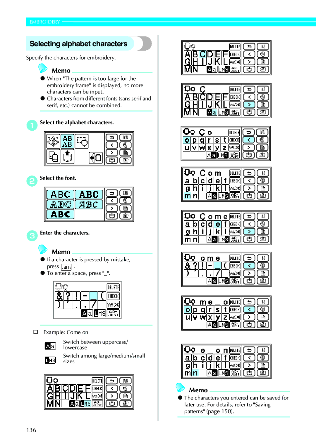 Brother 885-V33, 885-V31 operation manual Selecting alphabet characters, Specify the characters for embroidery 