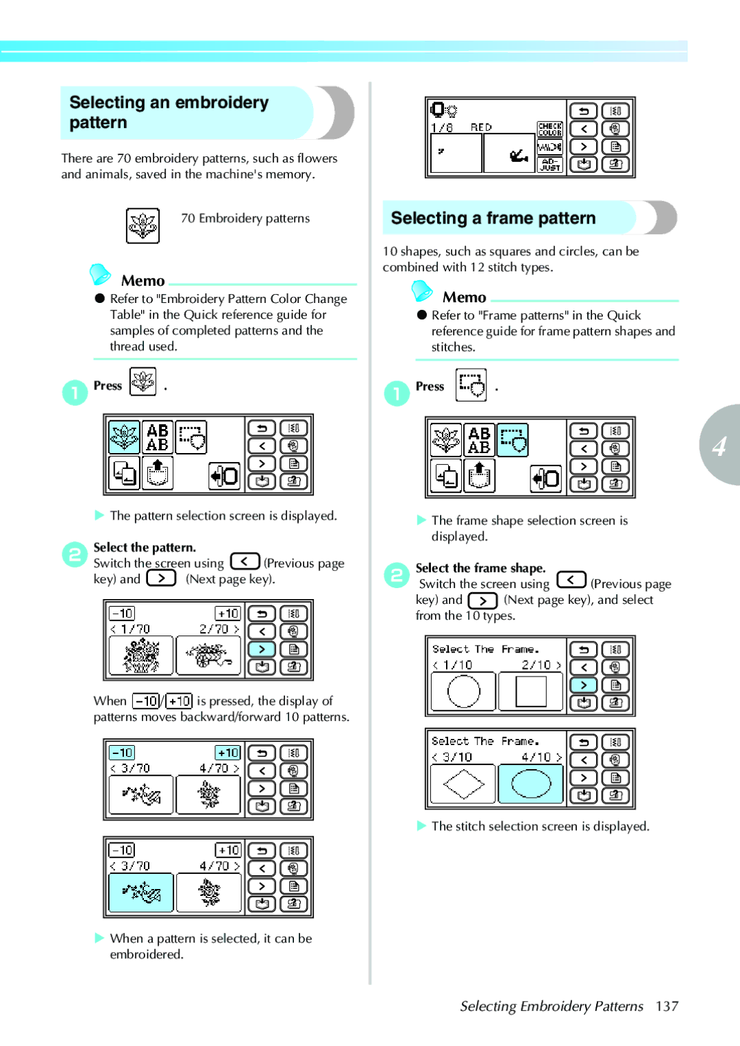 Brother 885-V31, 885-V33 Selecting an embroidery pattern, Selecting a frame pattern, APress, Select the pattern 