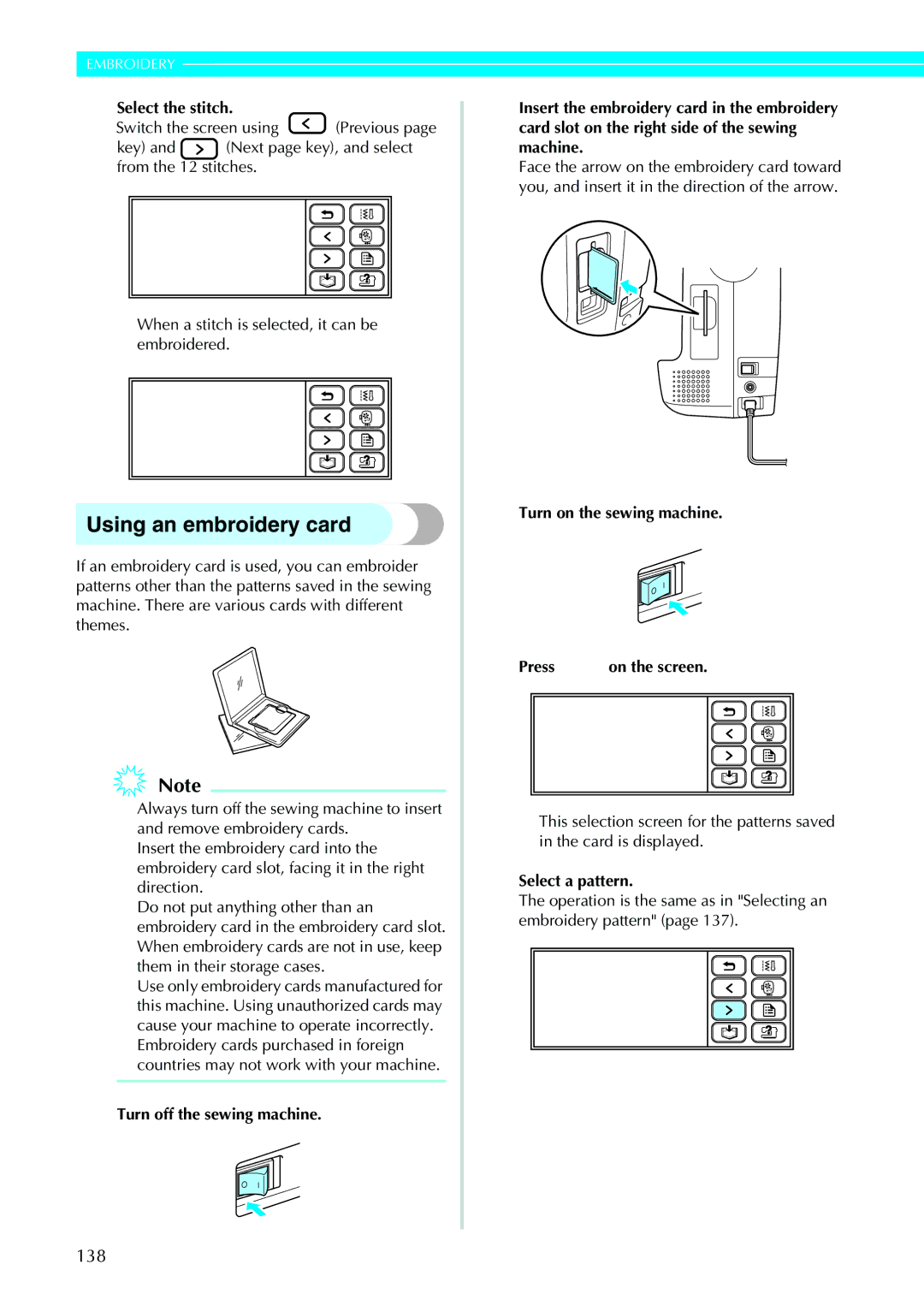 Brother 885-V33, 885-V31 Using an embroidery card, Select the stitch, CTurn on the sewing machine DPress On the screen 