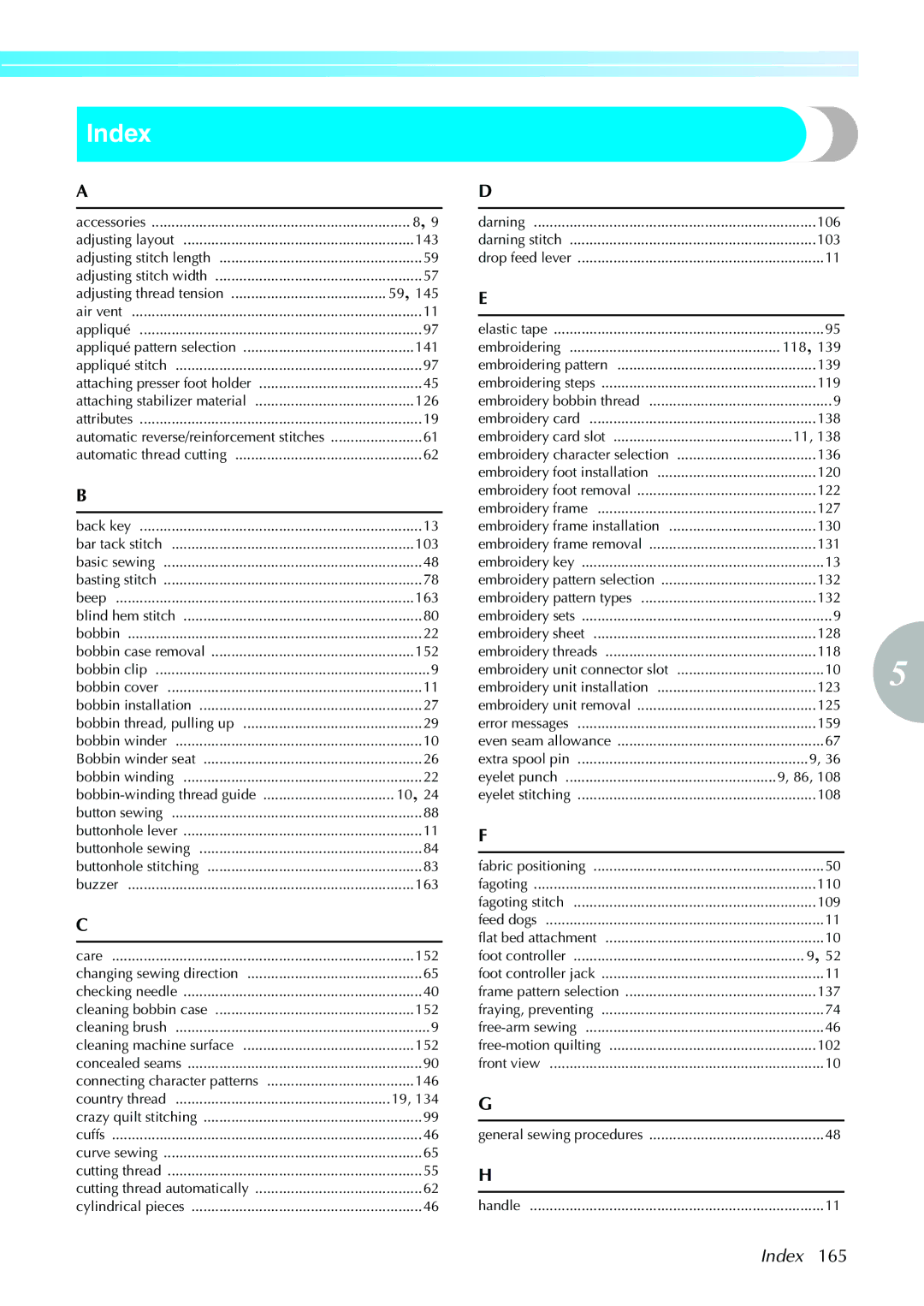 Brother 885-V31, 885-V33 operation manual Index 