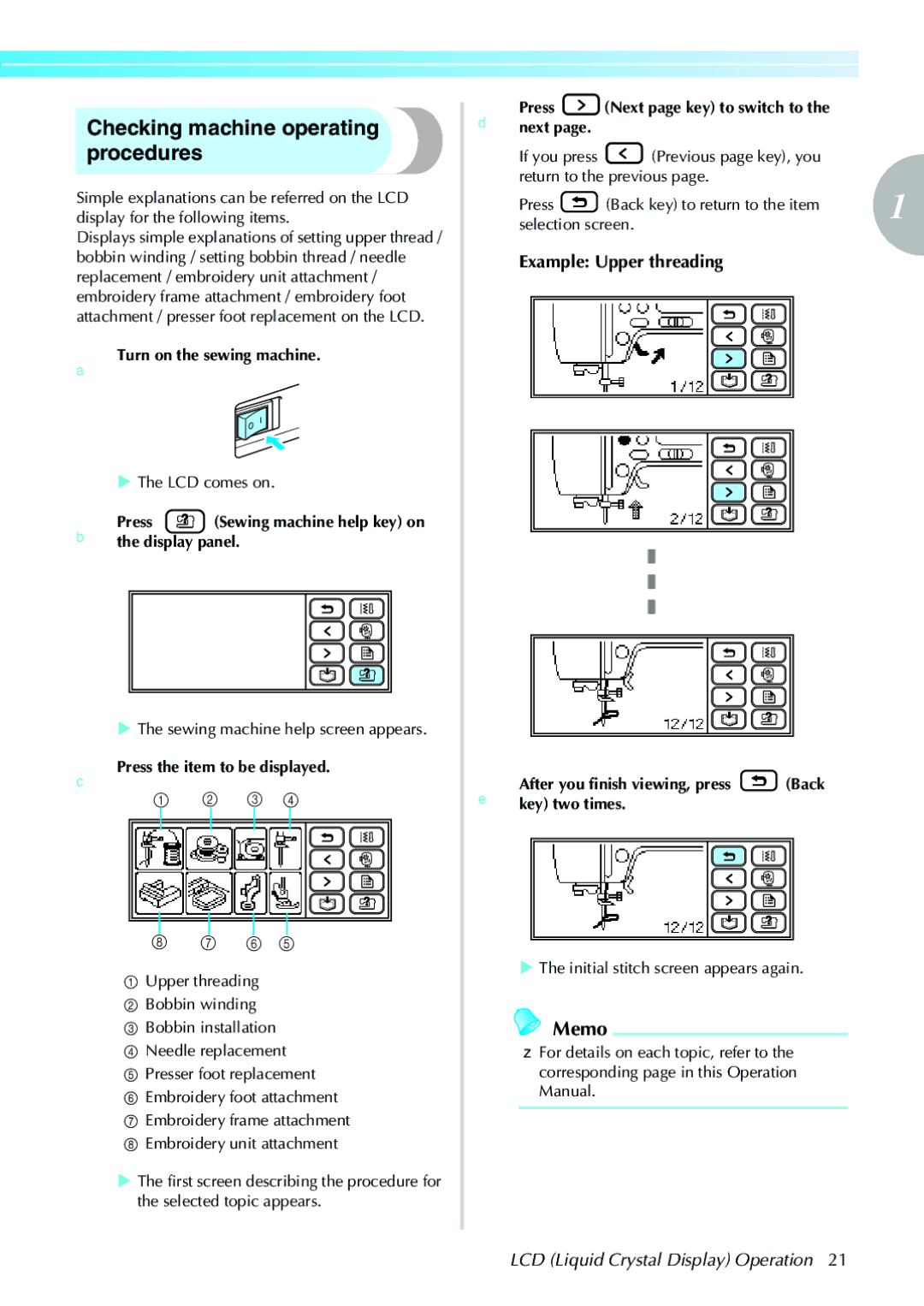 Brother 885-V31, 885-V33 Checking machine operating procedures, BPress Sewing machine help key on the display panel 