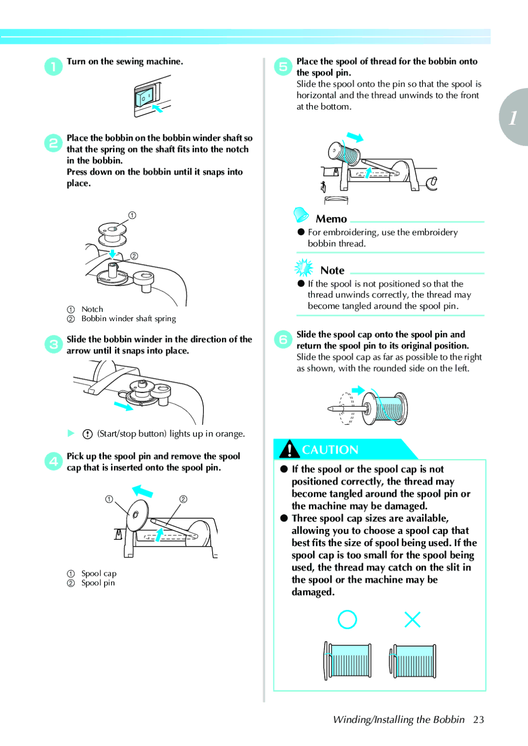 Brother 885-V31, 885-V33 operation manual Winding/Installing the Bobbin, Start/stop button lights up in orange 