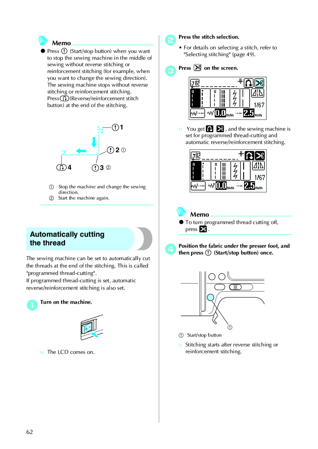 Brother 885-V33, 885-V31 Automatically cutting the thread, BPress the stitch selection, CPress on the screen 