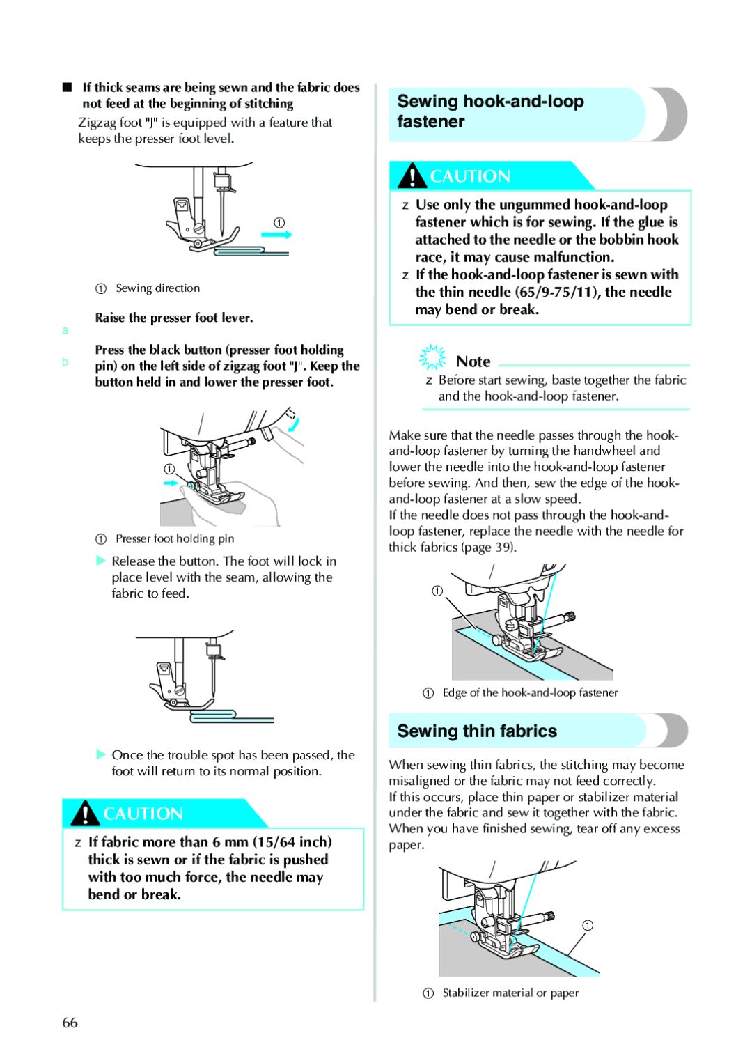 Brother 885-V33, 885-V31 operation manual Sewing hook-and-loop fastener, Sewing thin fabrics 