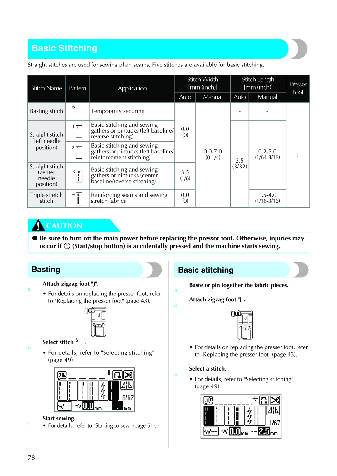 Brother 885-V33, 885-V31 operation manual Basic Stitching, Basting, Basic stitching 