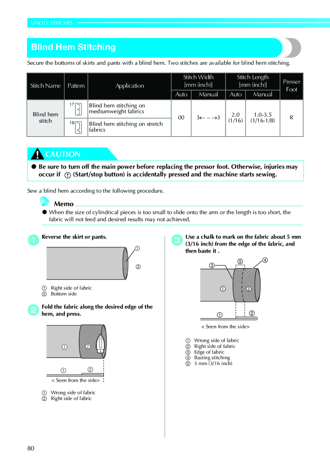 Brother 885-V33, 885-V31 Blind Hem Stitching, Blind hem stitching on, Sew a blind hem according to the following procedure 