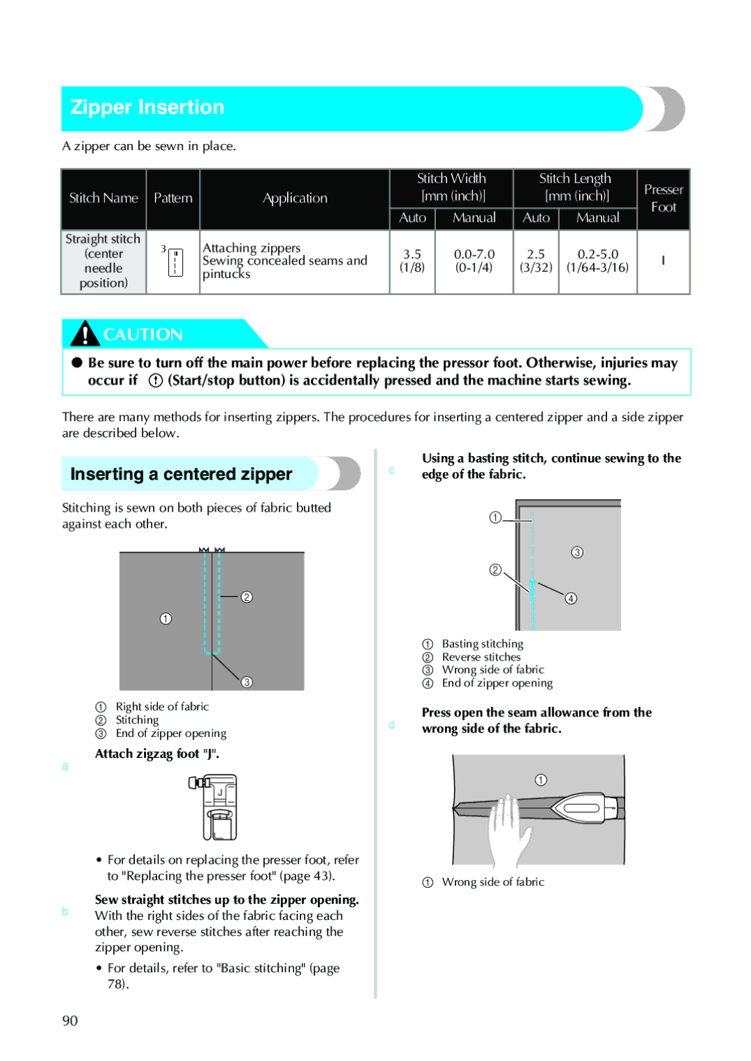 Brother 885-V33, 885-V31 operation manual Zipper Insertion, Inserting a centered zipper 