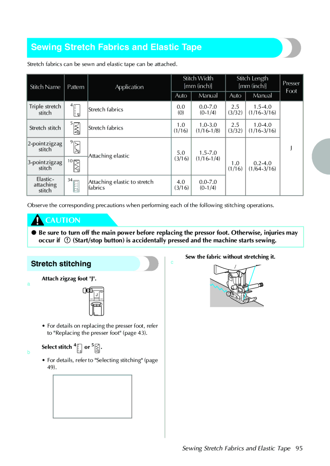 Brother 885-V31, 885-V33 operation manual Sewing Stretch Fabrics and Elastic Tape, Stretch stitching, BSelect stitch 4 or 