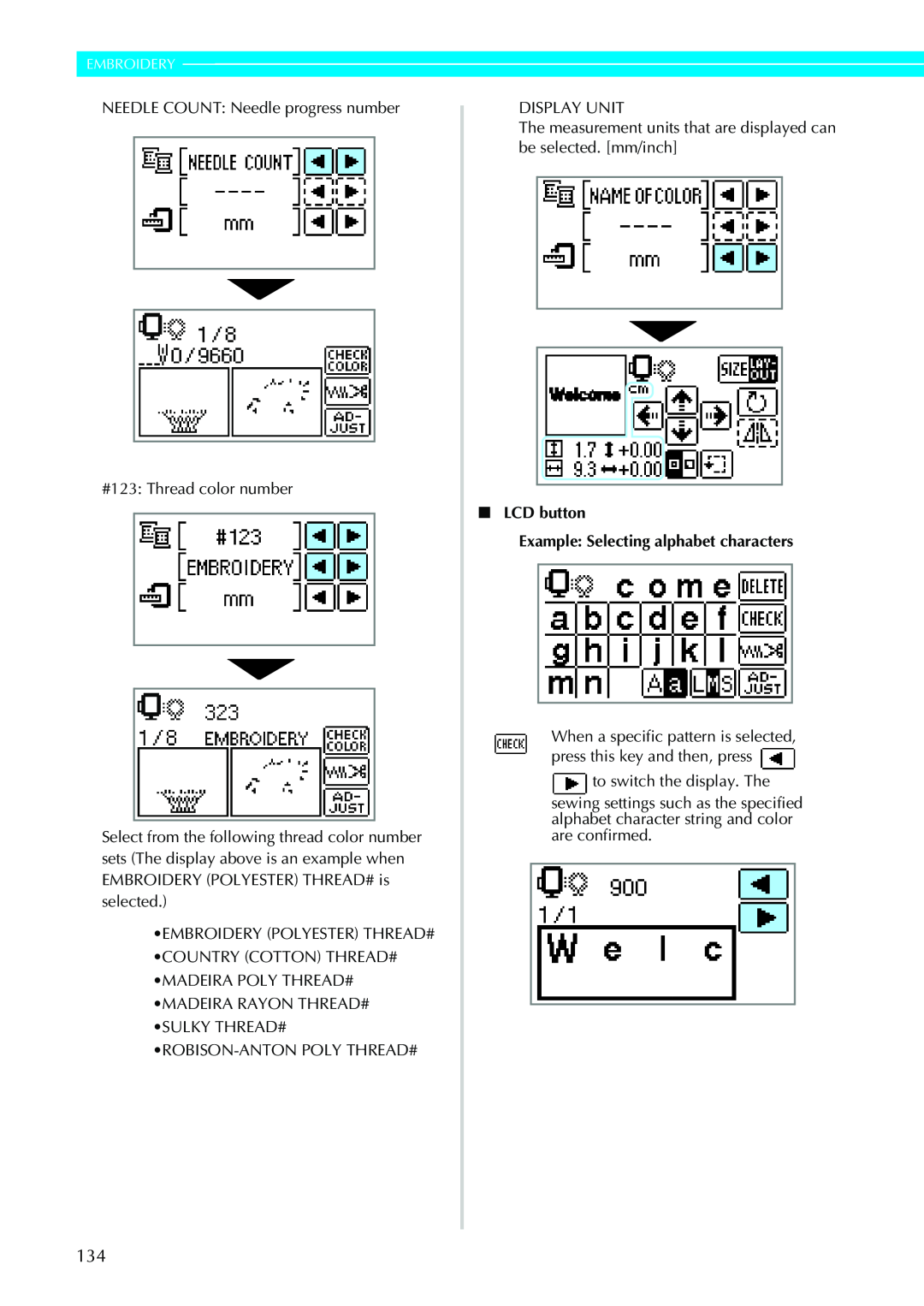 Brother 885-V33, 885-V31 operation manual Embroidery, LCD button Example Selecting alphabet characters 