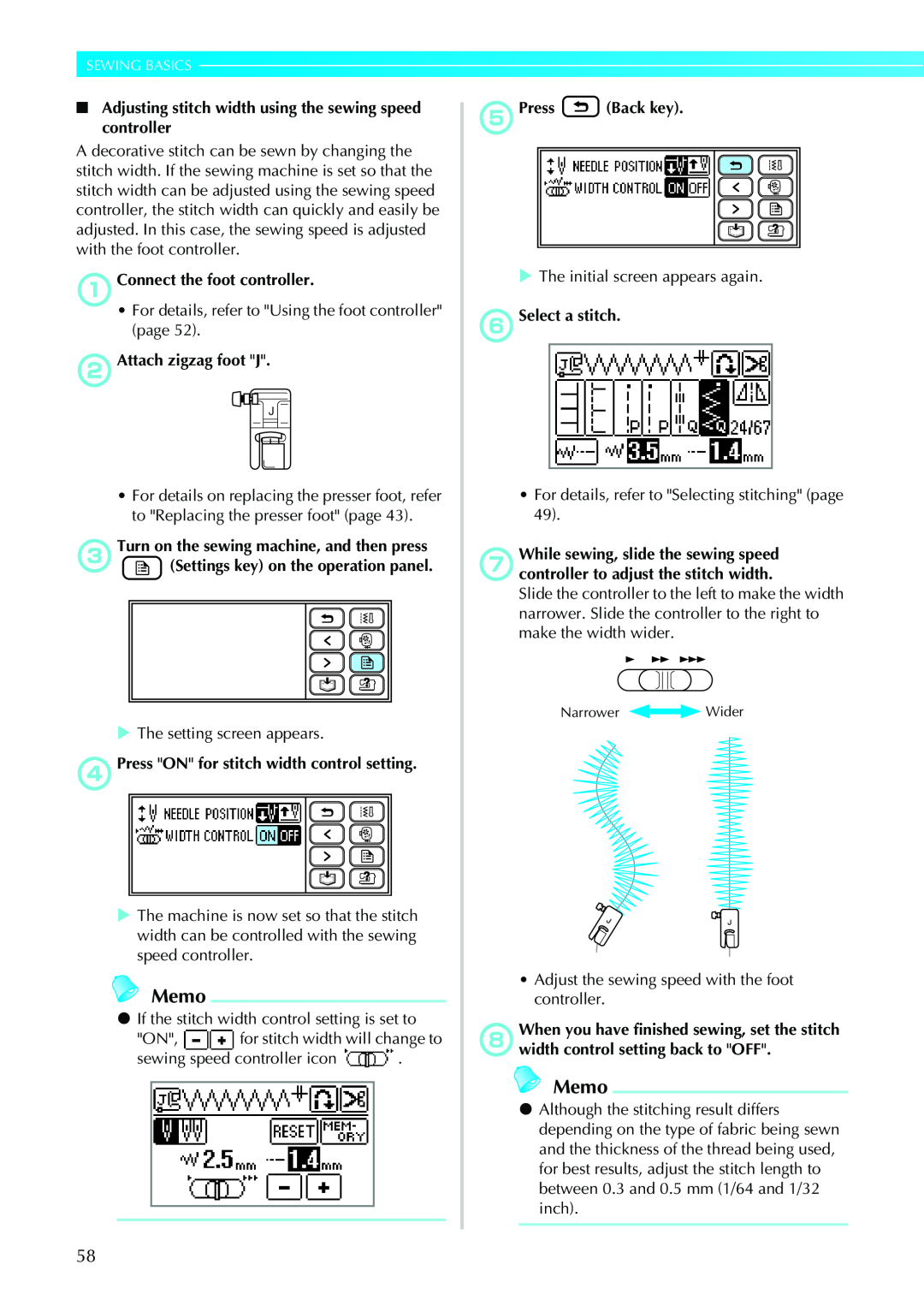 Brother 885-V33 Memo, Sewing Basics, Adjusting stitch width using the sewing speed controller, bAttach zigzag foot J 