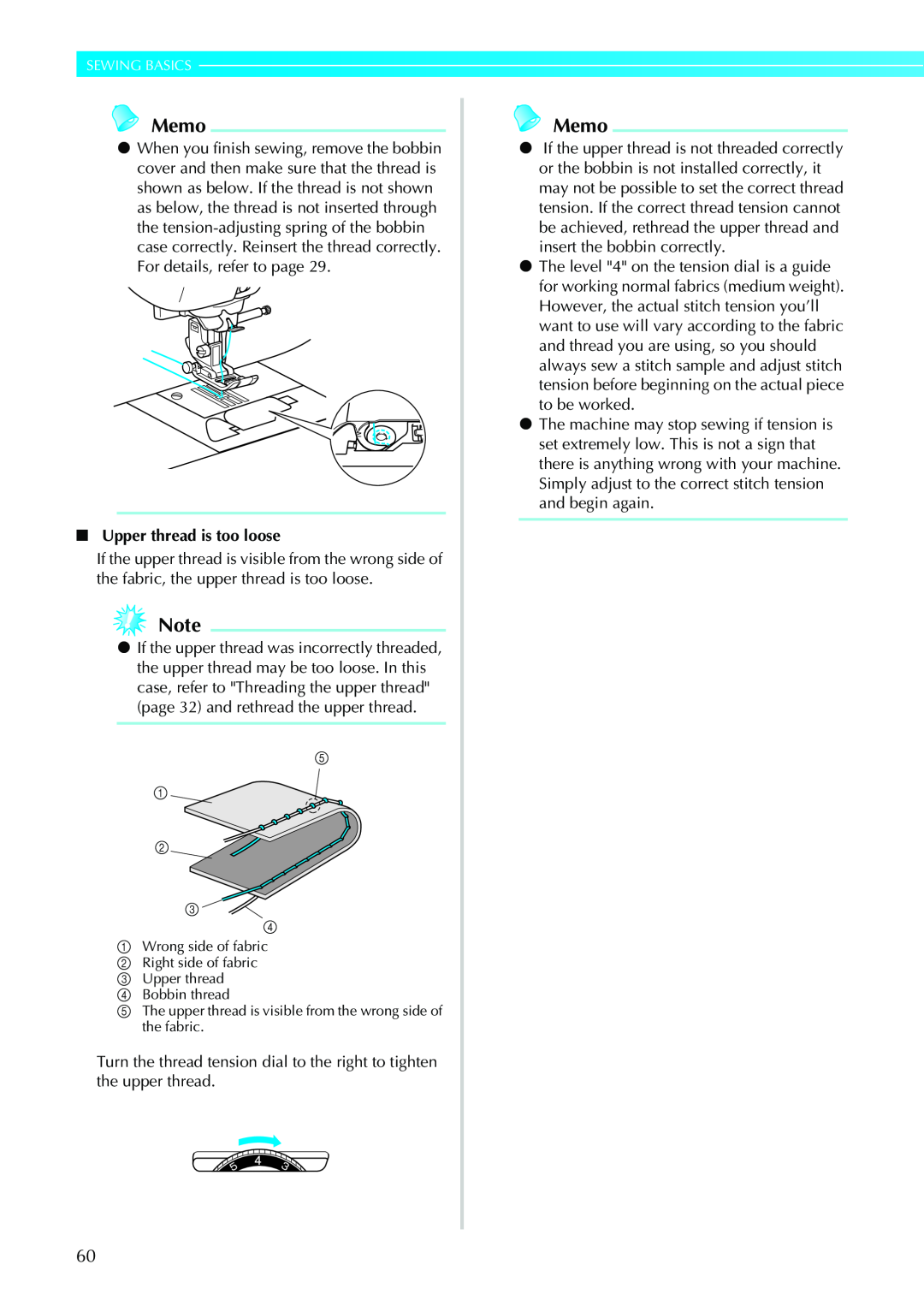 Brother 885-V33, 885-V31 operation manual Memo, Sewing Basics, Upper thread is too loose 