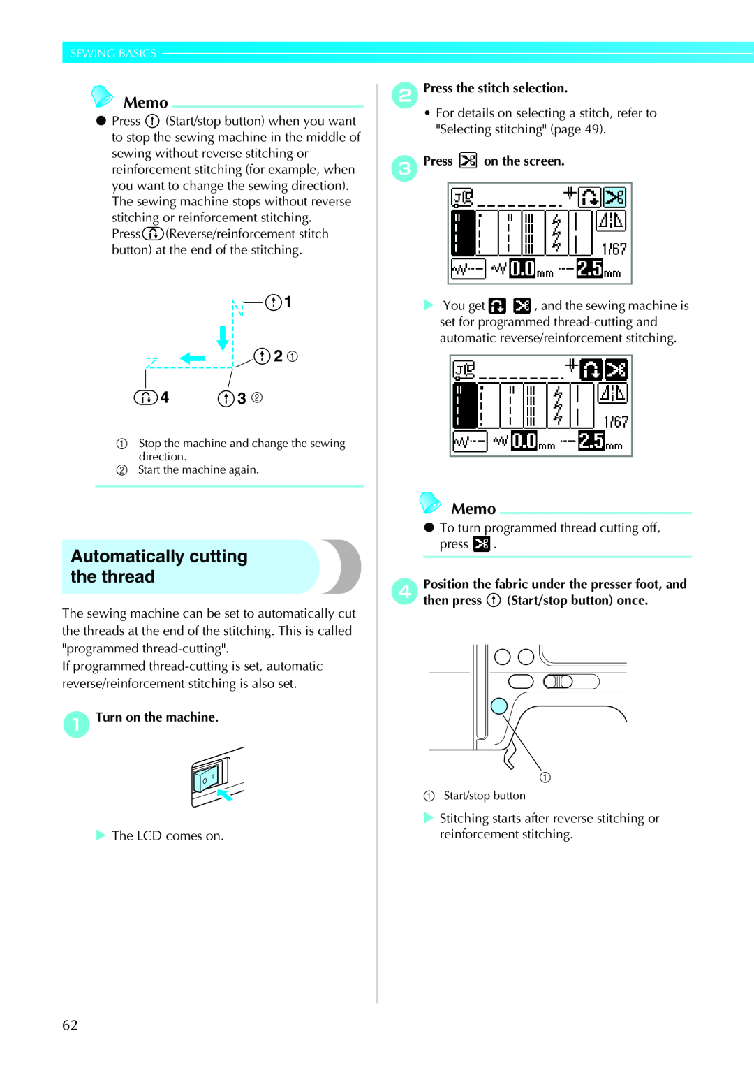 Brother 885-V33, 885-V31 operation manual Automatically cutting the thread, 3 b, Memo, Sewing Basics 