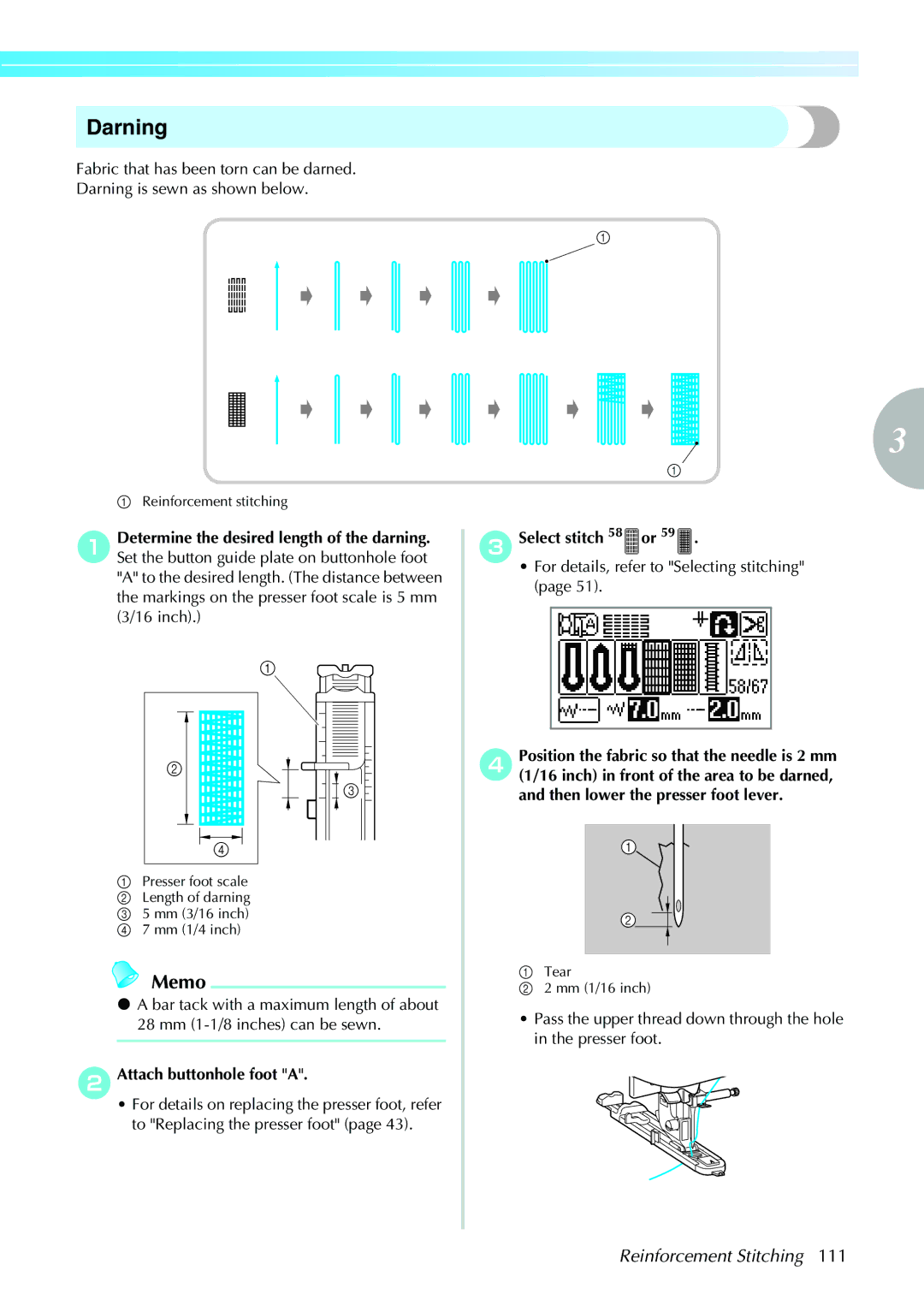 Brother 885-V35/V37 operation manual Darning, Select stitch 58 or 