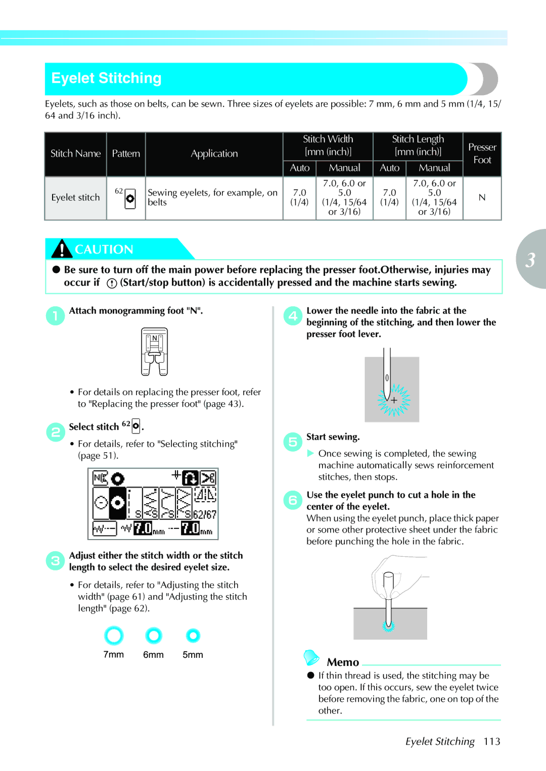 Brother 885-V35/V37 Eyelet Stitching, or Eyelet stitch, Belts 15/64, CAdjust either the stitch width or the stitch 