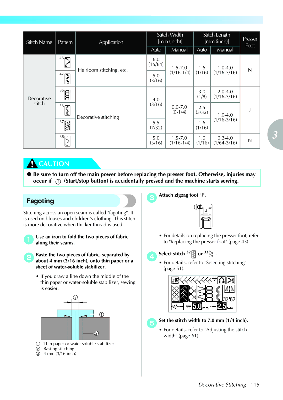 Brother 885-V35/V37 operation manual Fagoting, Decorative Stitching, CAttach zigzag foot J, DSelect stitch 32 or 