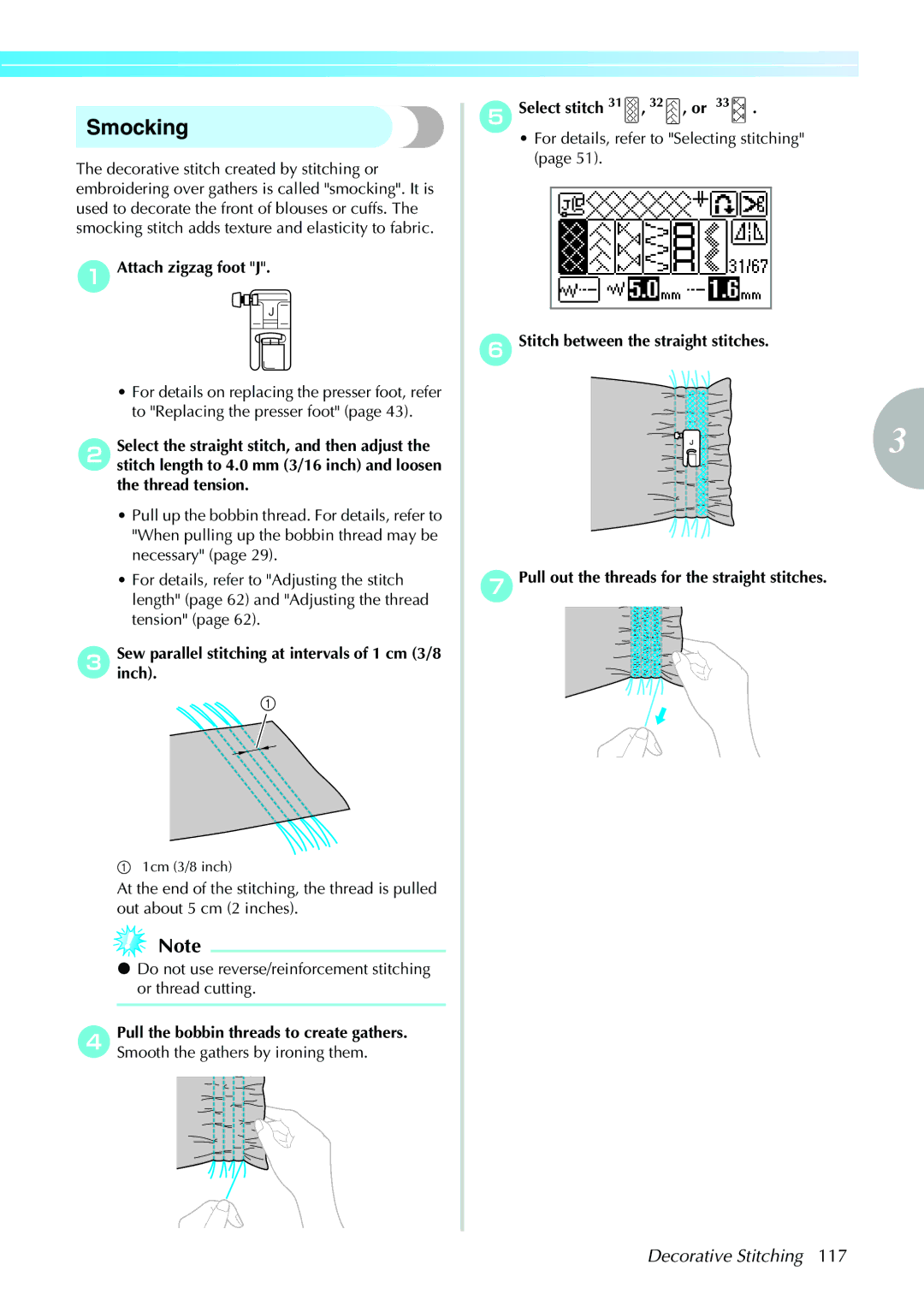 Brother 885-V35/V37 Smocking, CSewinchparallel. stitching at intervals of 1 cm 3/8, Smooth the gathers by ironing them 