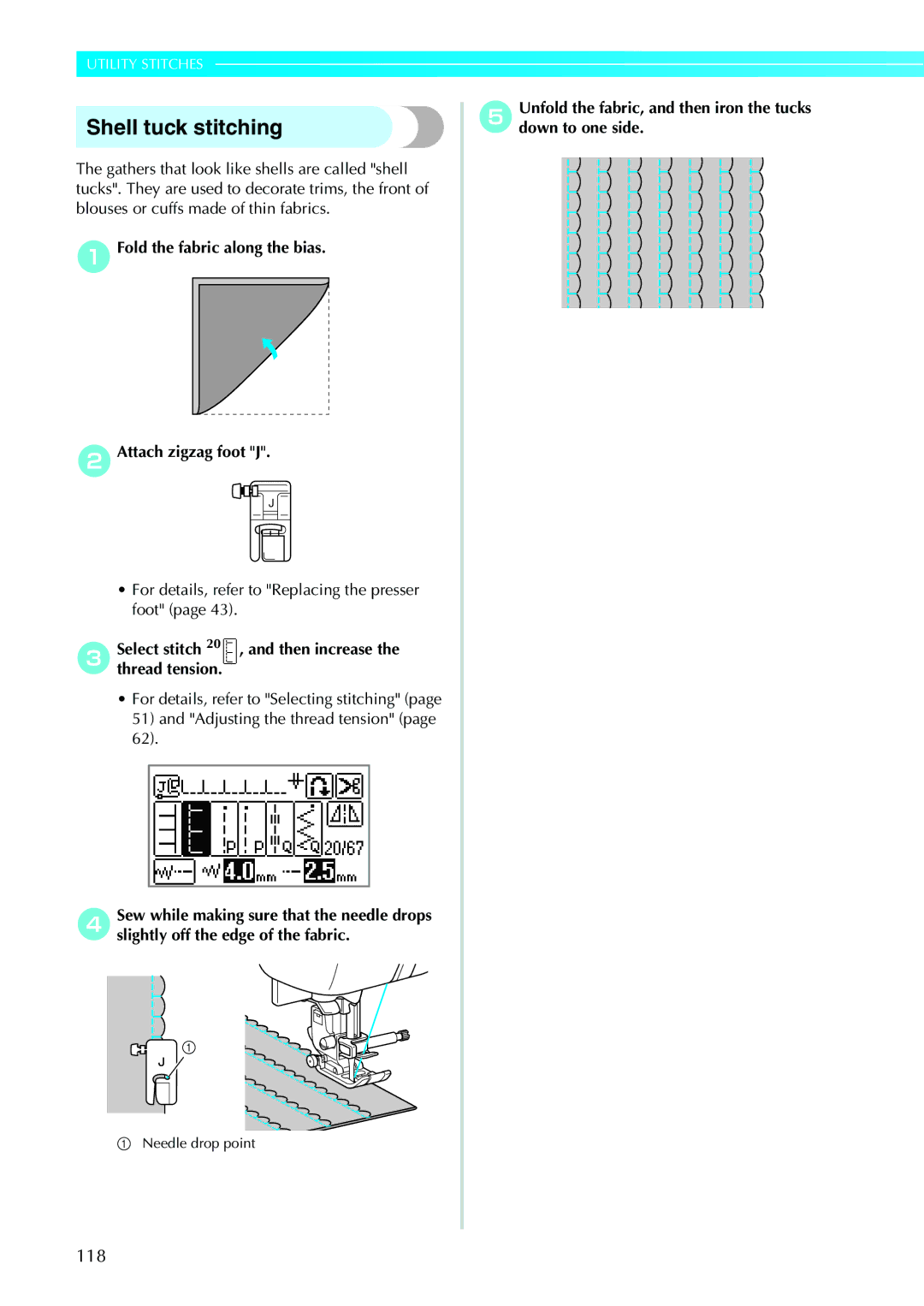 Brother 885-V35/V37 operation manual Shell tuck stitching, AFold the fabric along the bias BAttach zigzag foot J 