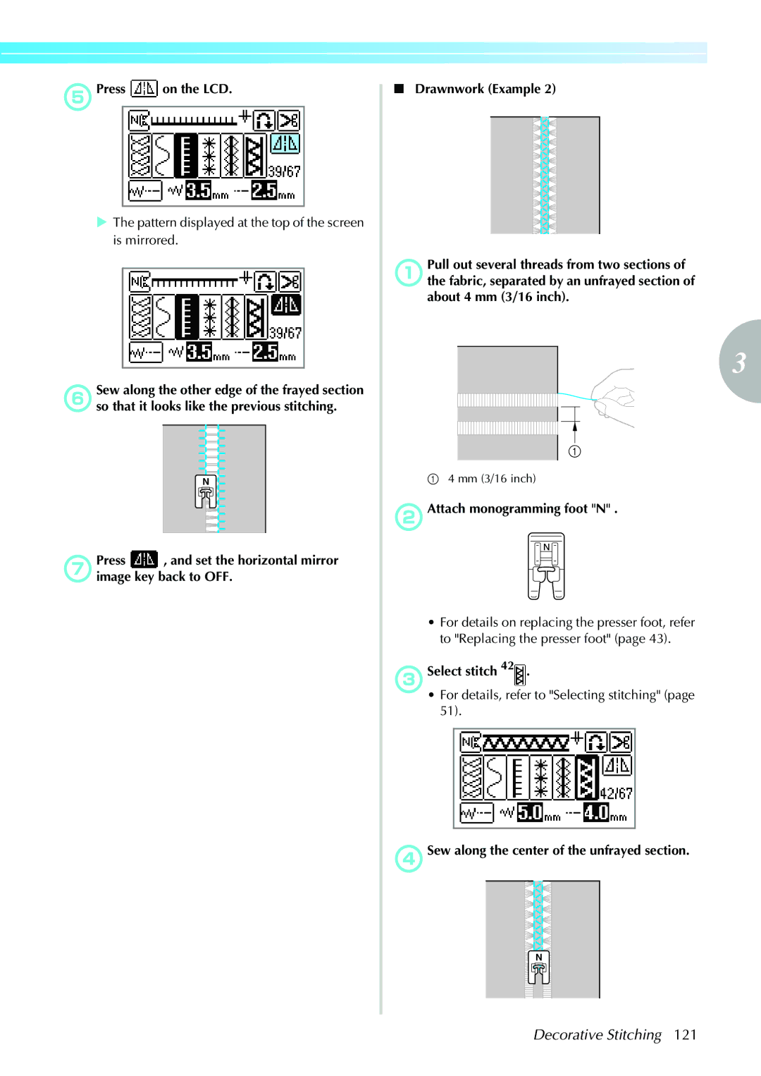 Brother 885-V35/V37 operation manual EPress on the LCD, Pattern displayed at the top of the screen is mirrored 