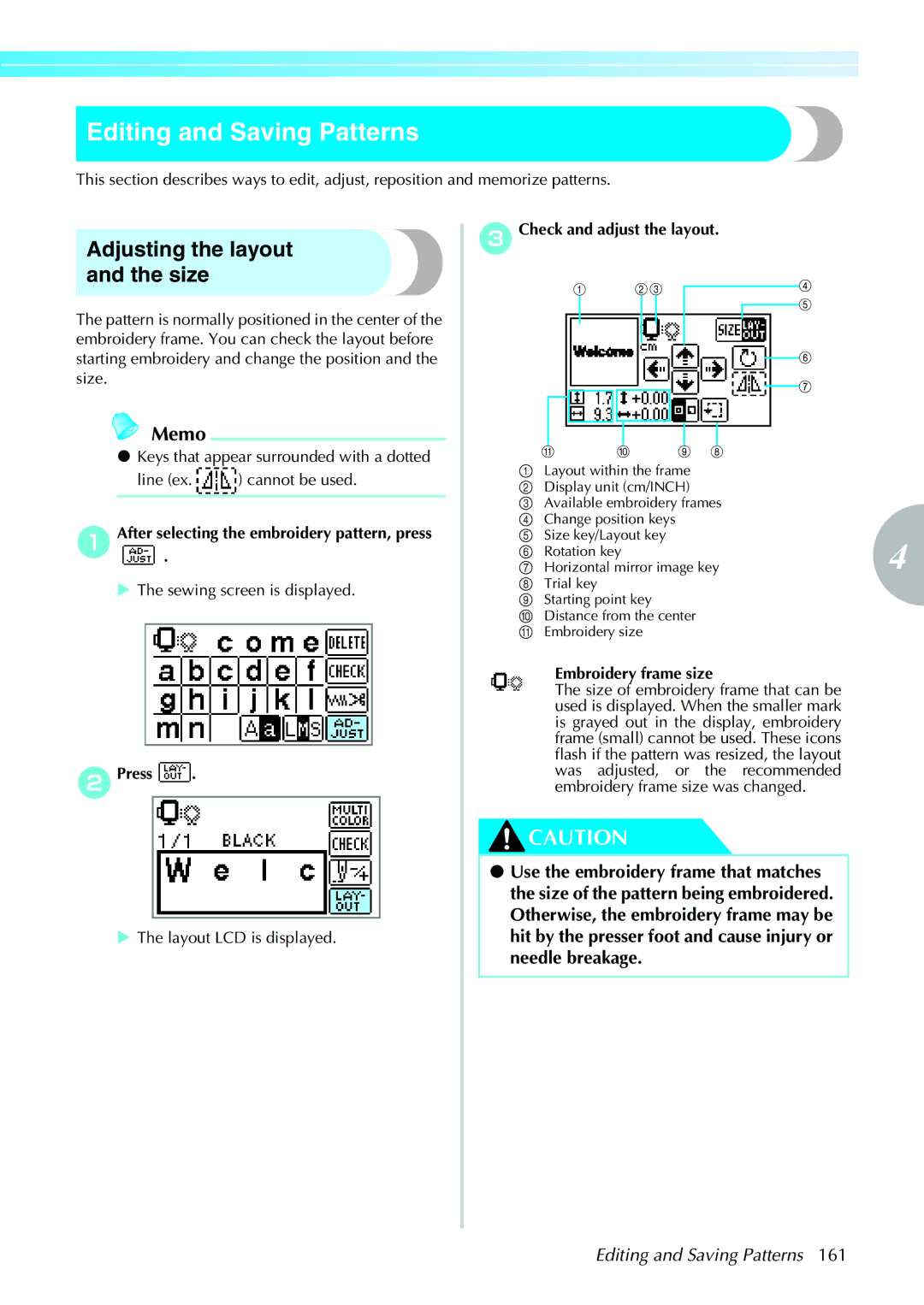 Brother 885-V35/V37 operation manual Editing and Saving Patterns, Adjusting the layout and the size 