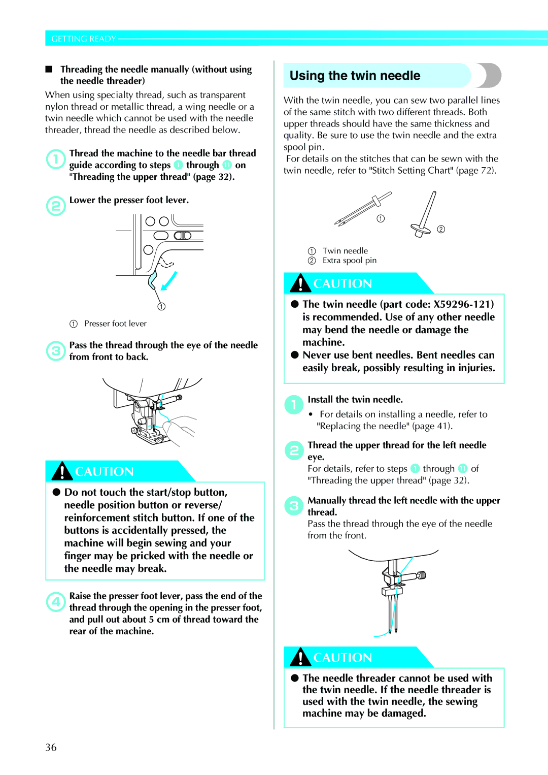 Brother 885-V35/V37 operation manual Using the twin needle, BThreadeye. the upper thread for the left needle 