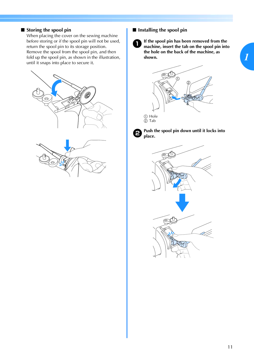 Brother 885-V60 appendix Shown.1, BPushplace.the spool pin down until it locks into 