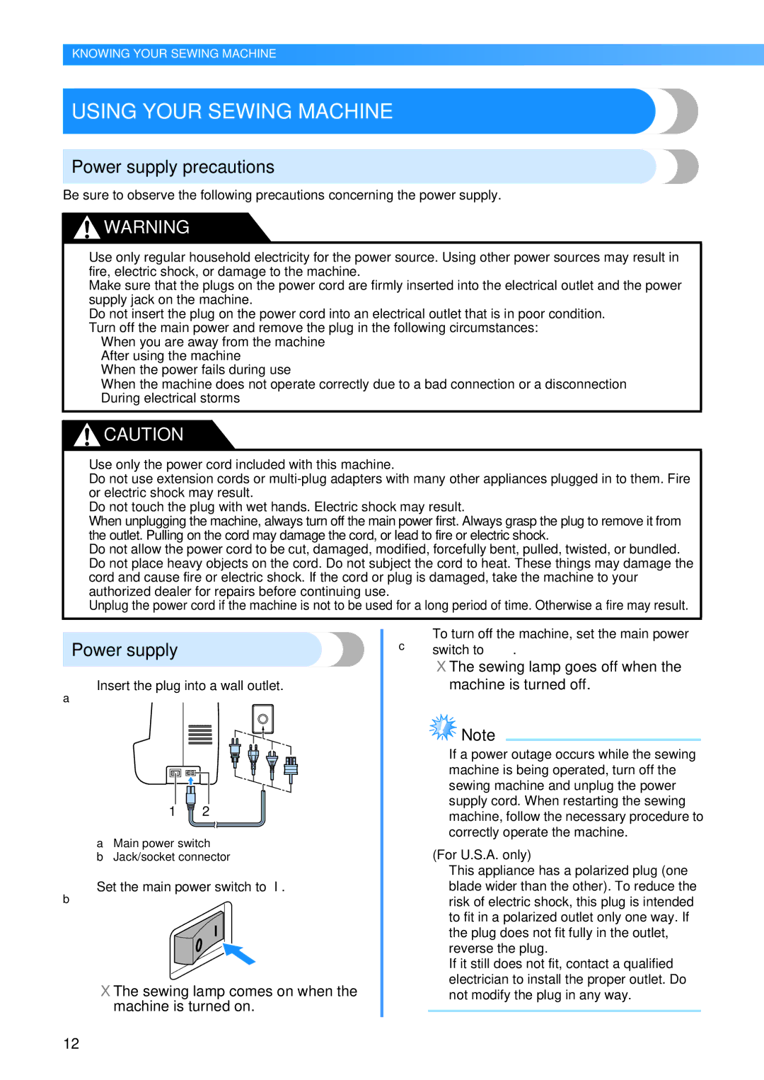 Brother 885-V60 appendix Using Your Sewing Machine, Power supply precautions 