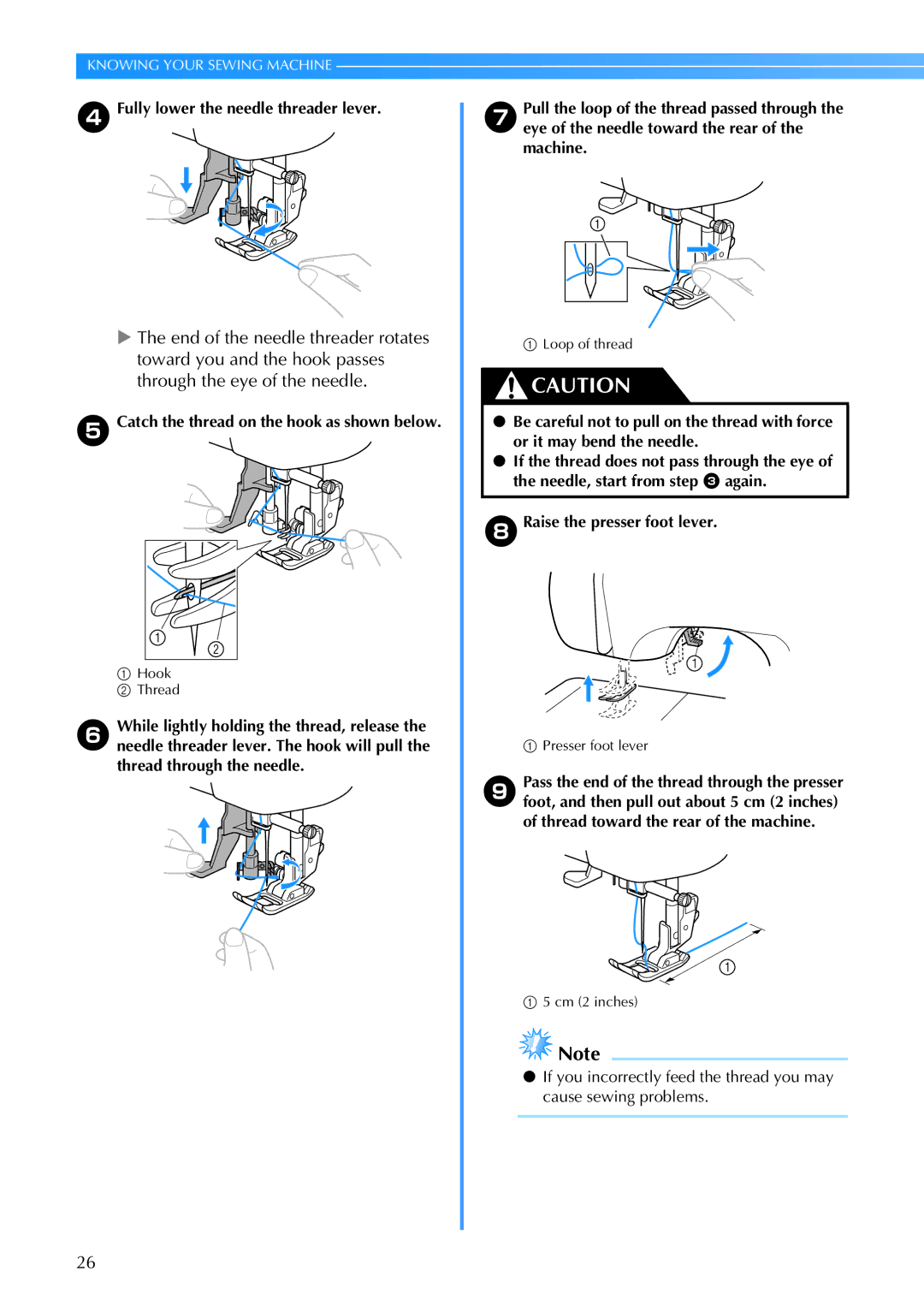 Brother 885-V60 appendix DFully lower the needle threader lever, Catch the thread on the hook as shown below 