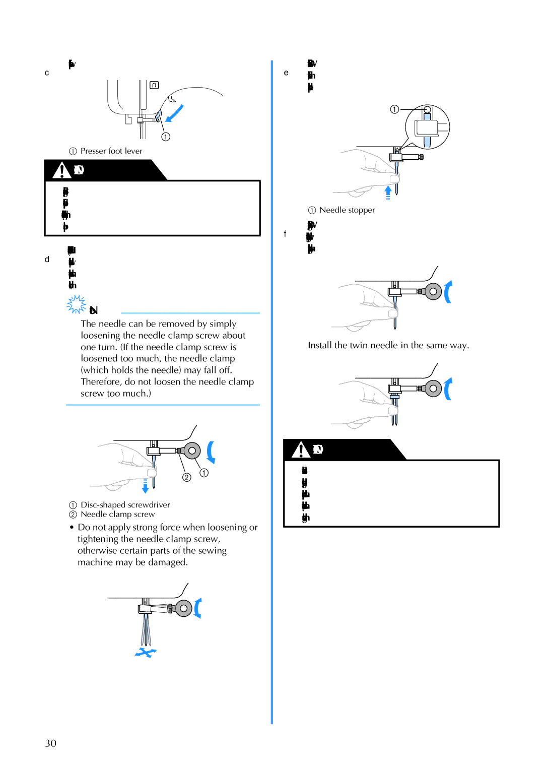 Brother 885-V60 appendix CLower the presser foot lever, Install the twin needle in the same way 