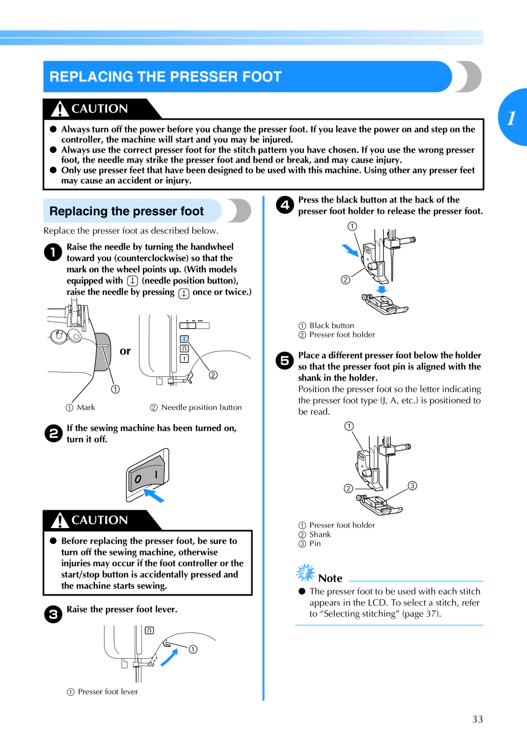 Brother 885-V60 Replacing the Presser Foot, Replacing the presser foot, Replace the presser foot as described below 