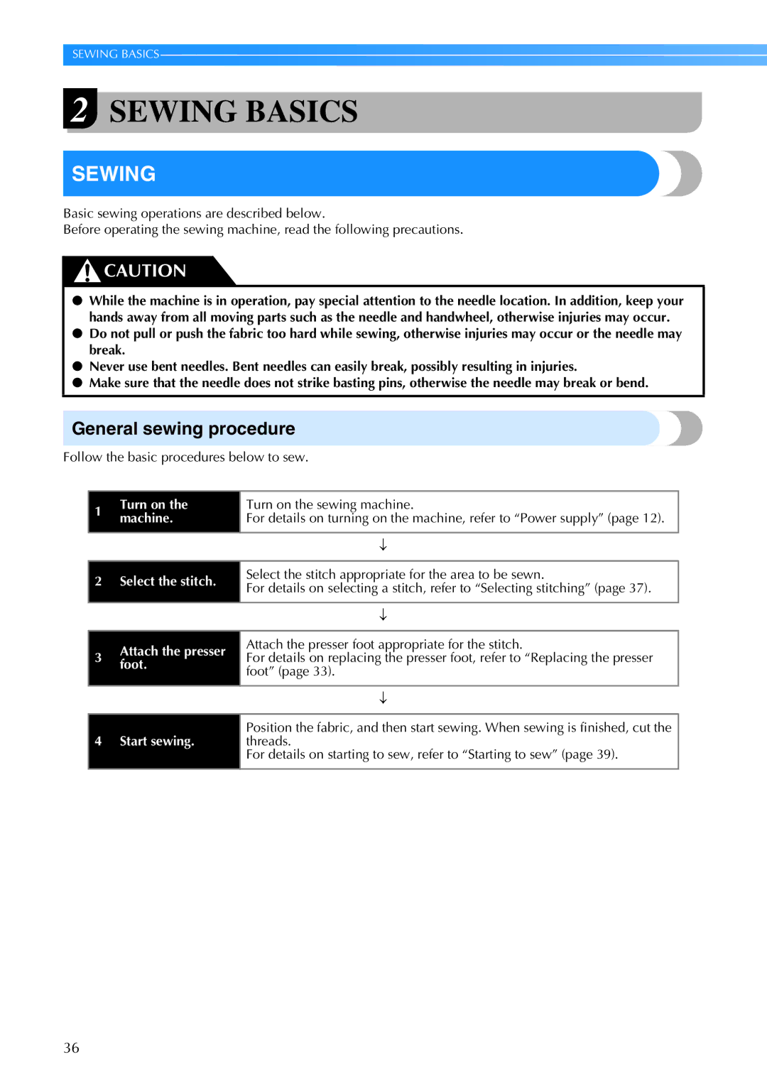 Brother 885-V60 appendix Sewing, General sewing procedure, Follow the basic procedures below to sew 