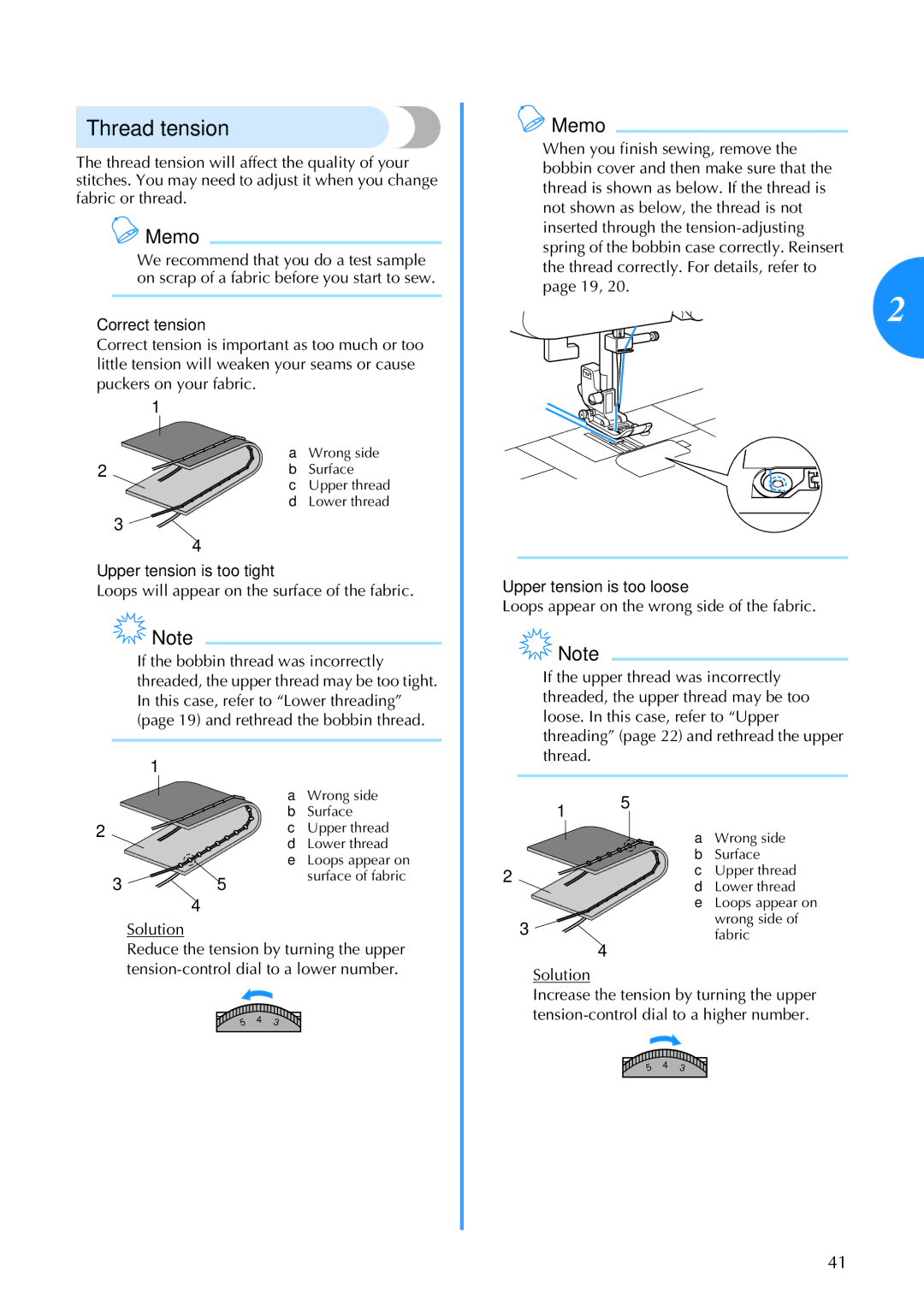 Brother 885-V60 appendix Thread tension, Correct tension, Upper tension is too tight, Upper tension is too loose 