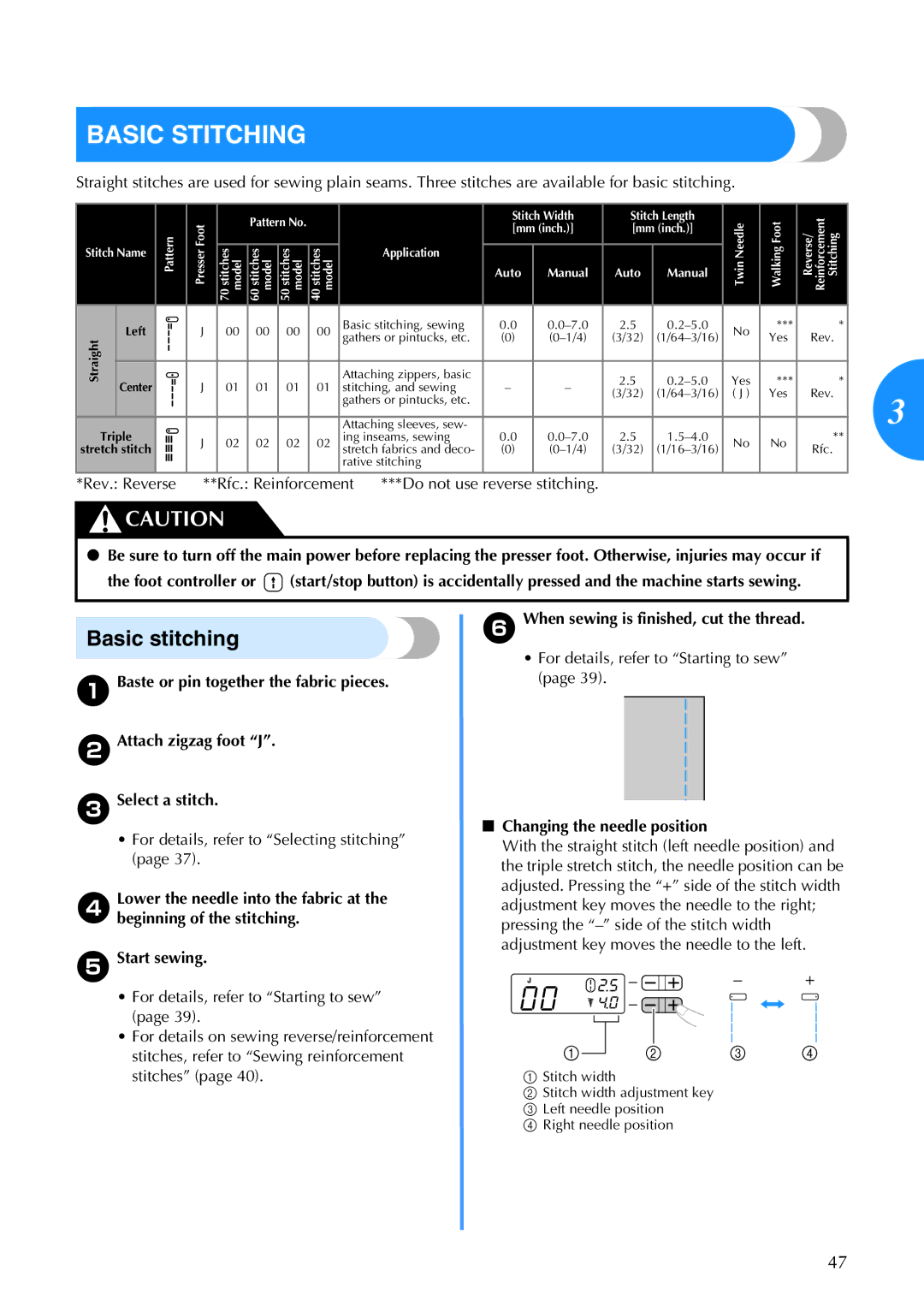 Brother 885-V60 Basic Stitching, Basic stitching, For details, refer to Starting to sew, Changing the needle position 