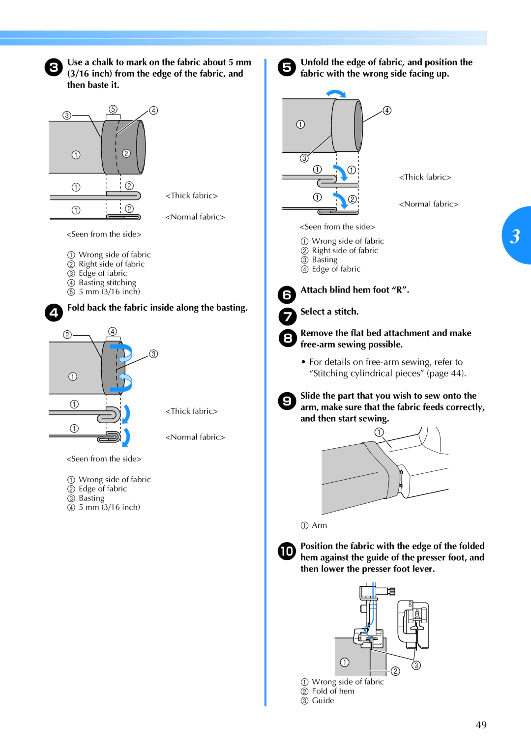 Brother 885-V60 appendix Fold back the fabric inside along the basting 