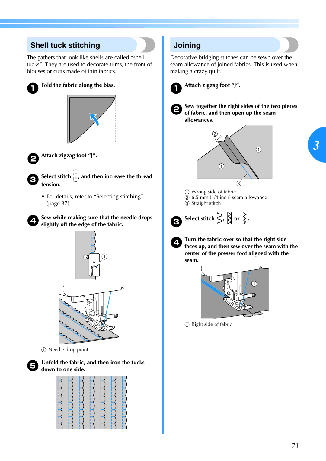 Brother 885-V60 appendix Shell tuck stitching, Joining, Fold the fabric along the bias BAttach zigzag foot J 