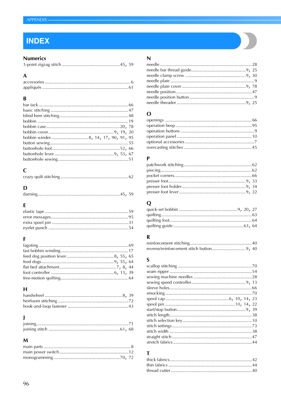 Brother 885-V60 appendix Index, Numerics 