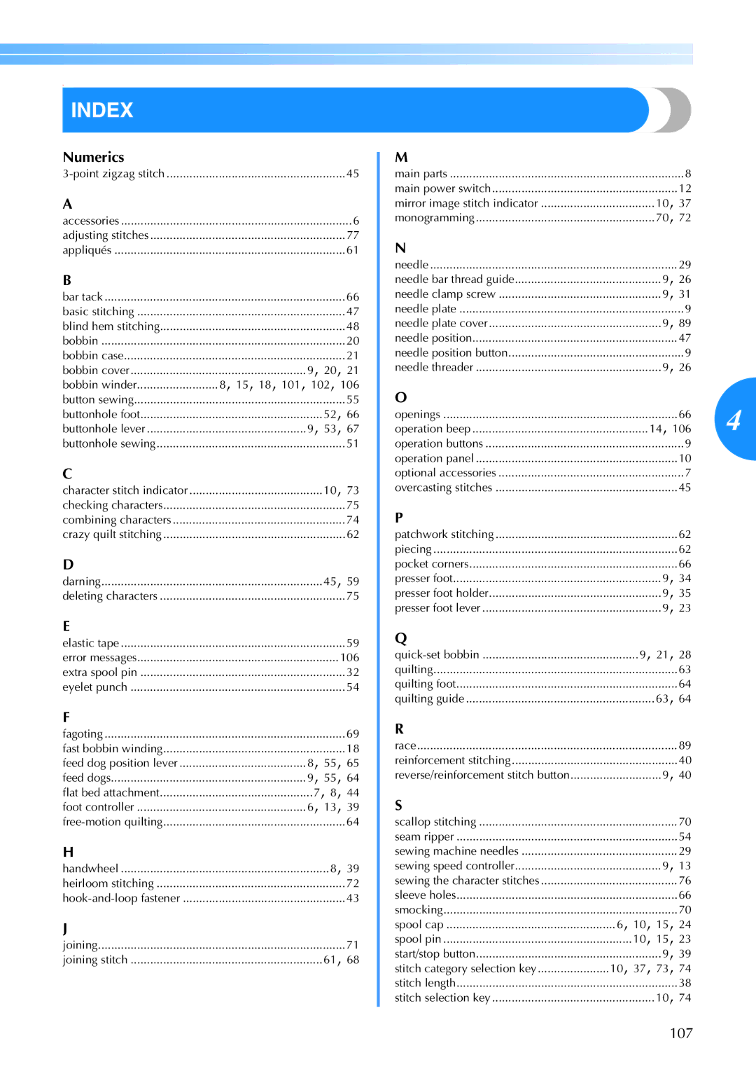 Brother 885-V67 operation manual Index, Numerics, 107 