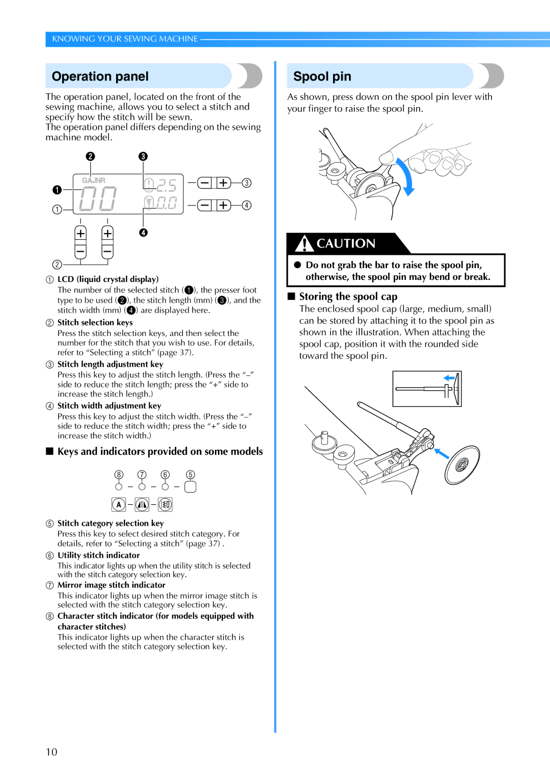 Brother 885-V67 Operation panel, Spool pin, Storing the spool cap, Keys and indicators provided on some models 