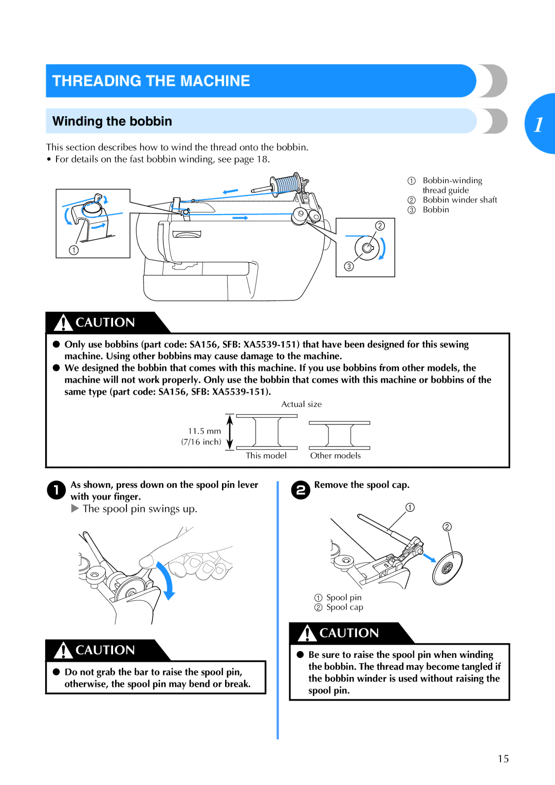 Brother 885-V67 operation manual Threading the Machine, Winding the bobbin, Spool pin swings up, BRemove the spool cap 