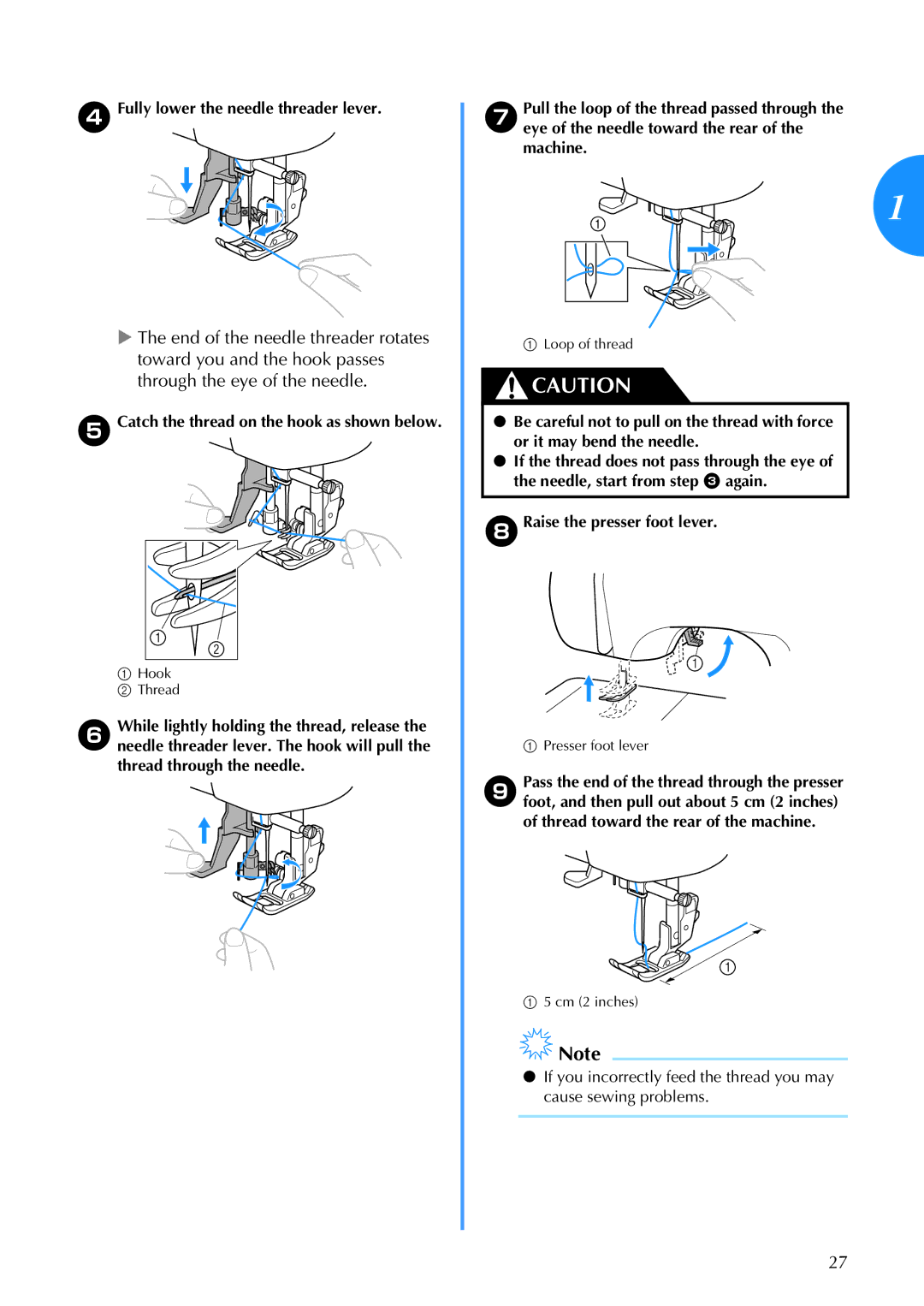 Brother 885-V67 operation manual DFully lower the needle threader lever, Catch the thread on the hook as shown below 