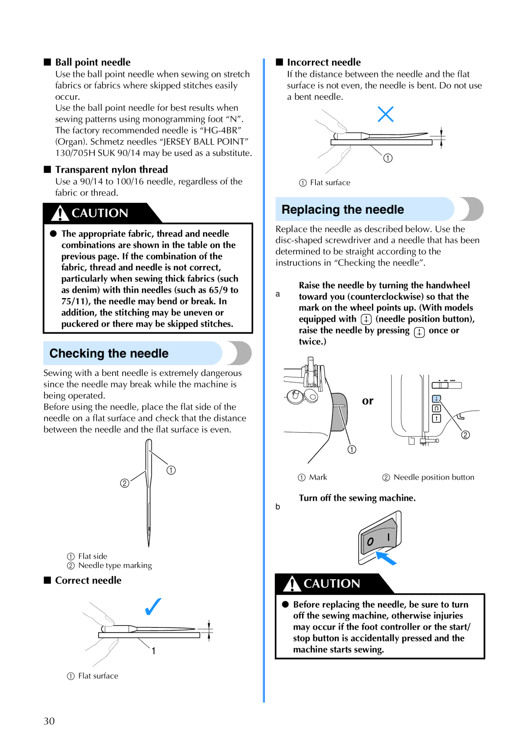 Brother 885-V67 operation manual Checking the needle, Replacing the needle, Ball point needle, Transparent nylon thread 