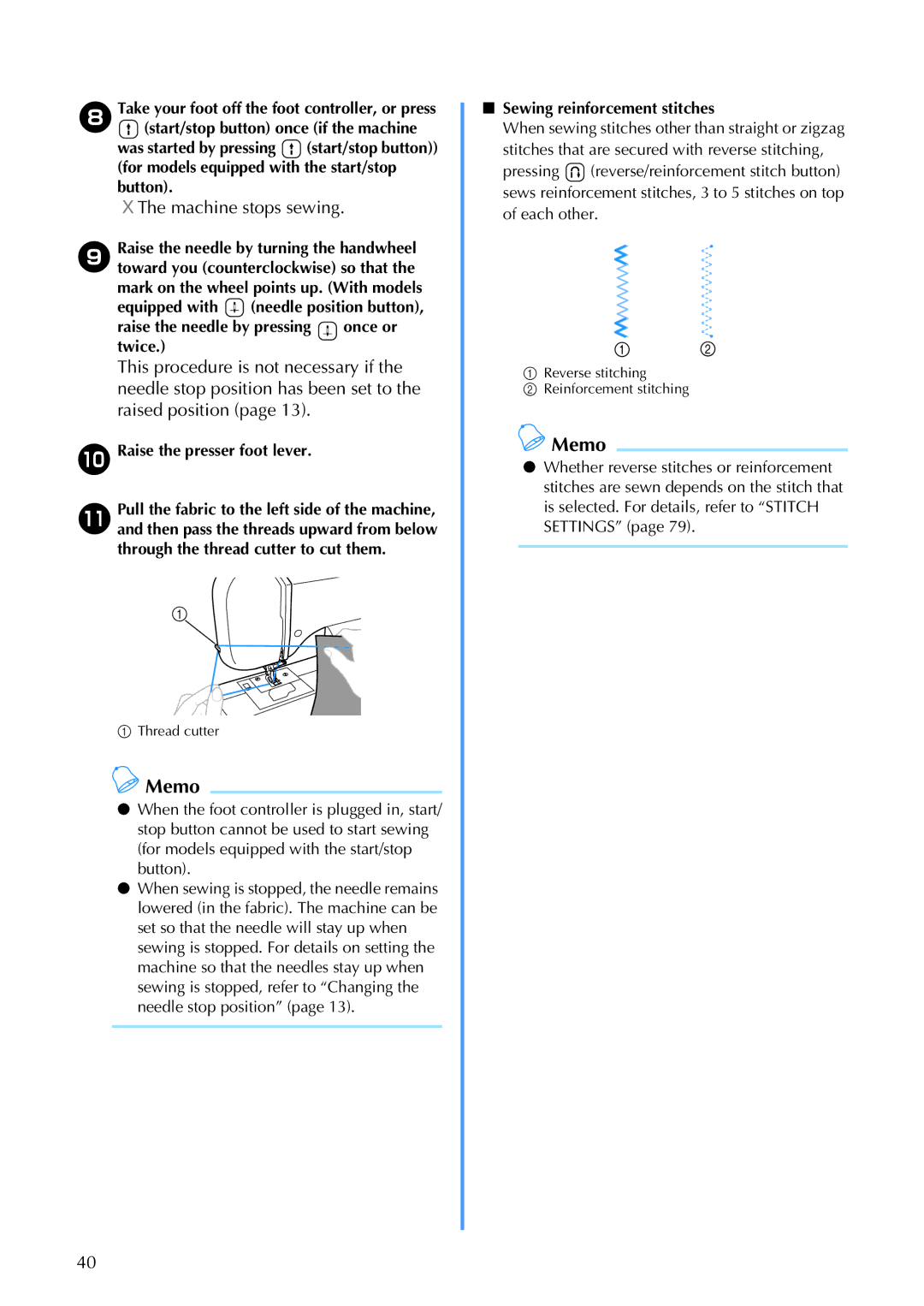 Brother 885-V67 Machine stops sewing, Raise the presser foot lever, Sewing reinforcement stitches, Each other 